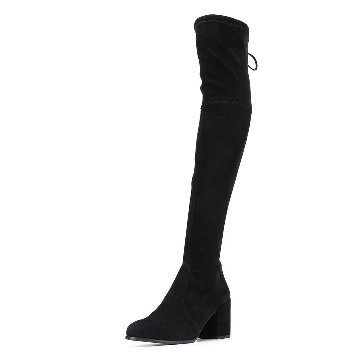 FSJ Women's Chunky Mid Heel Over Knee Thigh High Boots - Almond Toe Lace Up Winter Boots for Dating, Party & Cold Weather Fashion