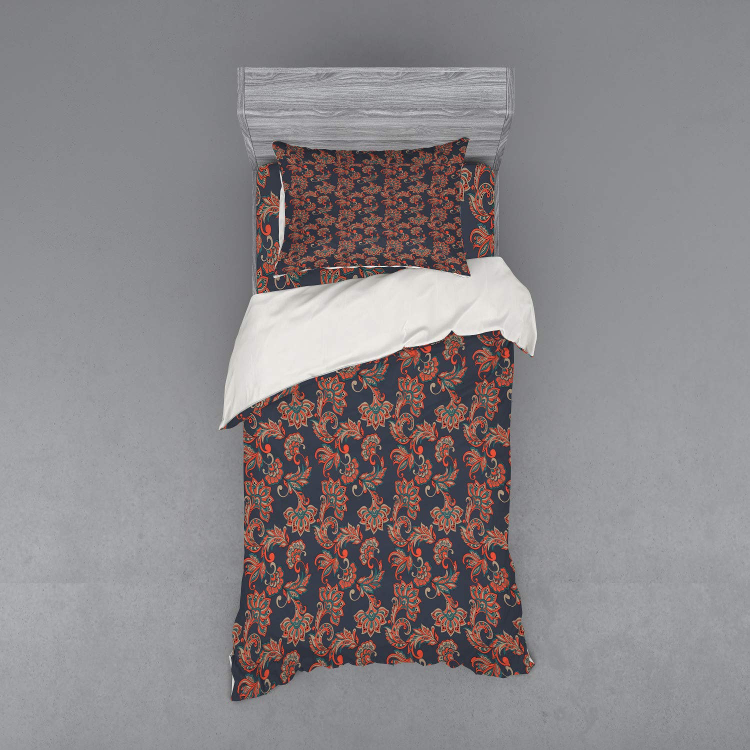 Ambesonne Ethnic Bedding Set - 3 Piece Duvet Cover with Sham & Fitted Sheet, Twin Size, Dark Blue Grey & Vermilion Oriental Floral Swirls Design | Bohemian Bedroom Decor for Guest Rooms & Dorm
