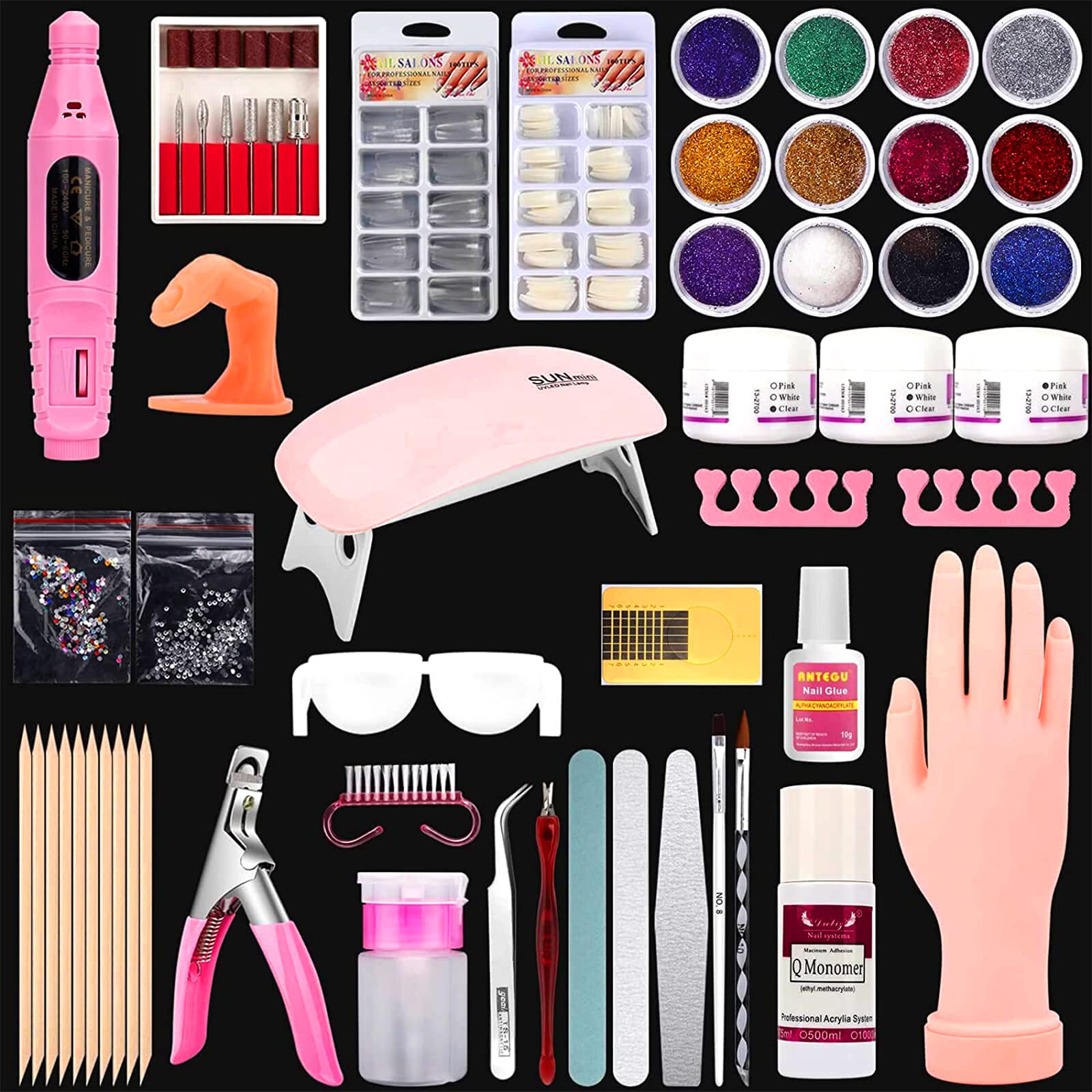 Professional Nail Practice Hand for Acrylic Nails - Flexible Rubber Training Hand with Nail Drill & Dryer Lamp - 12 Color Acrylic Powder Kit for Beginners - Perfect for Salon Training & Home Nail Art Practice