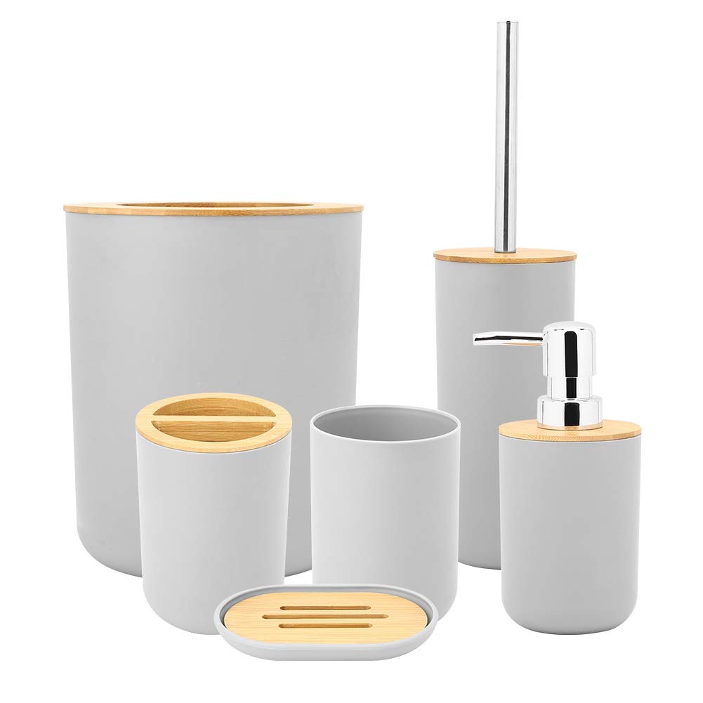OhhGo 6-Piece Bathroom Accessories Set - Plastic Lotion Dispenser, Toothbrush Holder, Tumblers, Soap Dish, Trash Can & Toilet Brush - Modern Bath Ensemble for Home Decor & Housewarming Gift - Perfect for Bathroom Organization & Stylish Home Upgrade