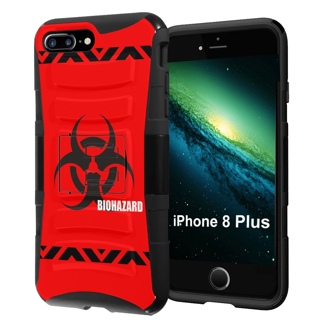 iPhone 8 Plus Case - Heavy Duty Hybrid Dual Layer Armor Kickstand Holster Combo (Black/Red Biohazard) | Shockproof Protection for Work, Outdoor & Travel
