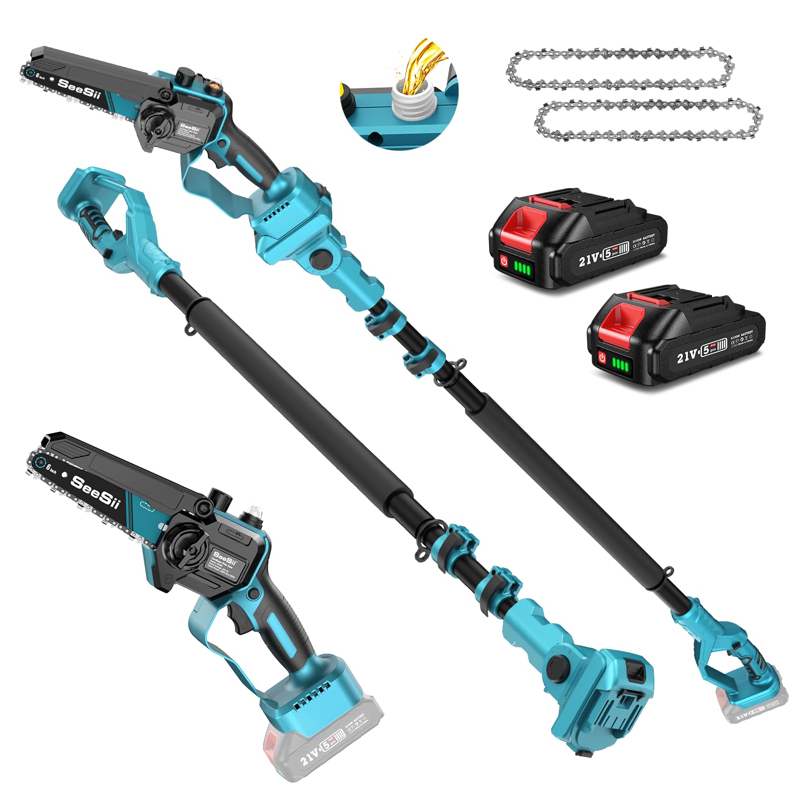 Seesii PS600 2-in-1 Cordless Electric Pole Saw - 6 Inch Mini Chainsaw with Extension Pole | Battery Powered Tree Trimmer for Limb & Branch Cutting | Perfect for Yard Maintenance, Landscaping & DIY Tree Pruning