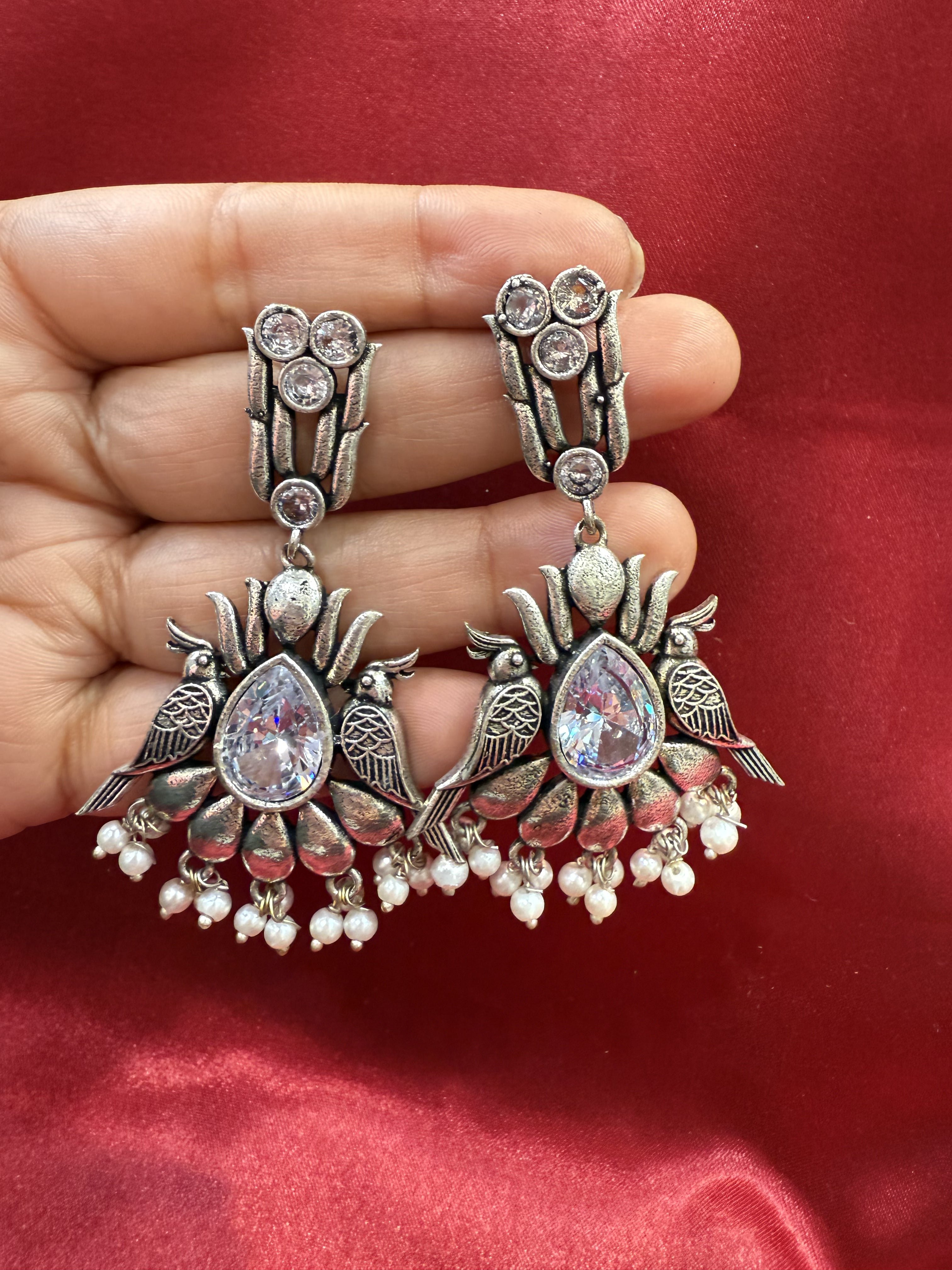 Elegant Silver Stone Beaded Oxidized Bird Design Earrings for Women - Perfect for Parties, Weddings & Everyday Wear