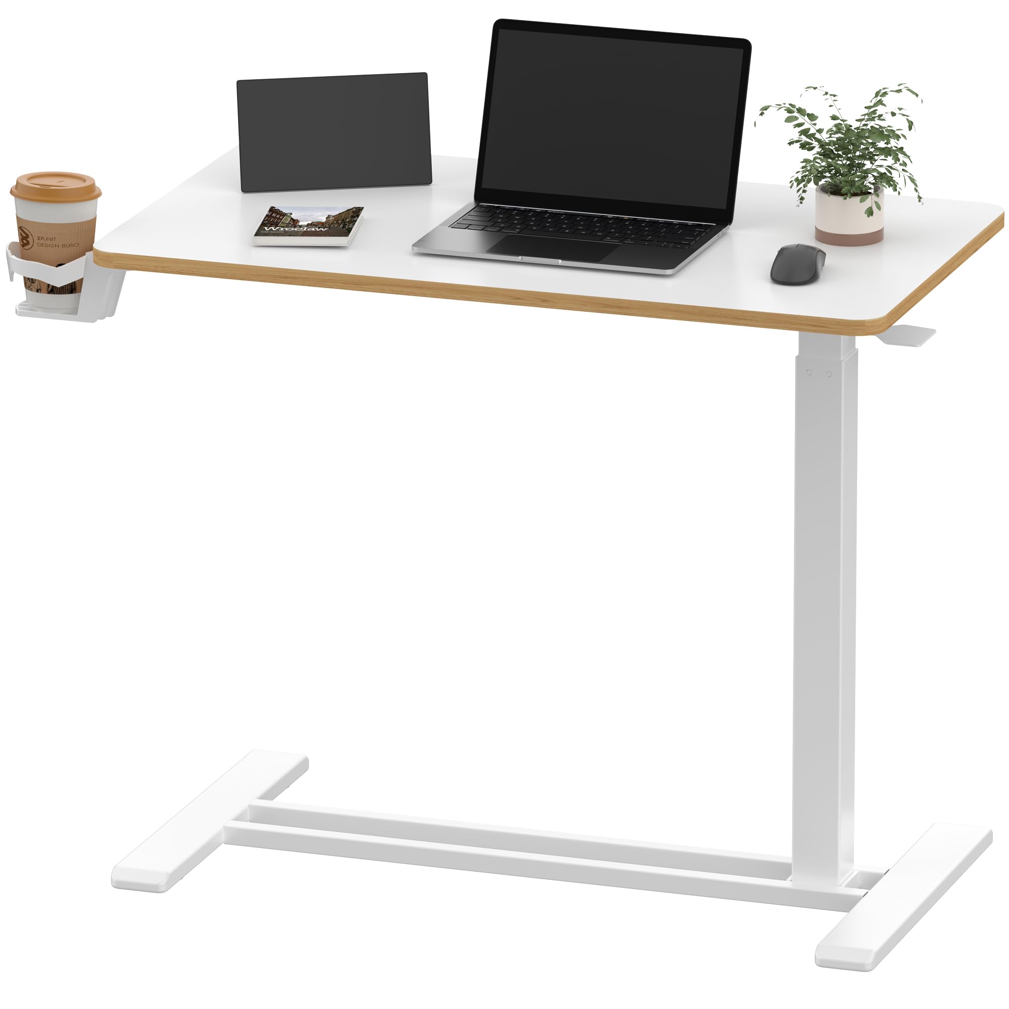 Adjustable Overbed Table with Wheels - SANODESK Pneumatic Height Medical Bedside Desk with Hidden Casters, Mobile Laptop Stand Cart & Tray for Hospital, Home Office, Nursing & Patient Care (31.5