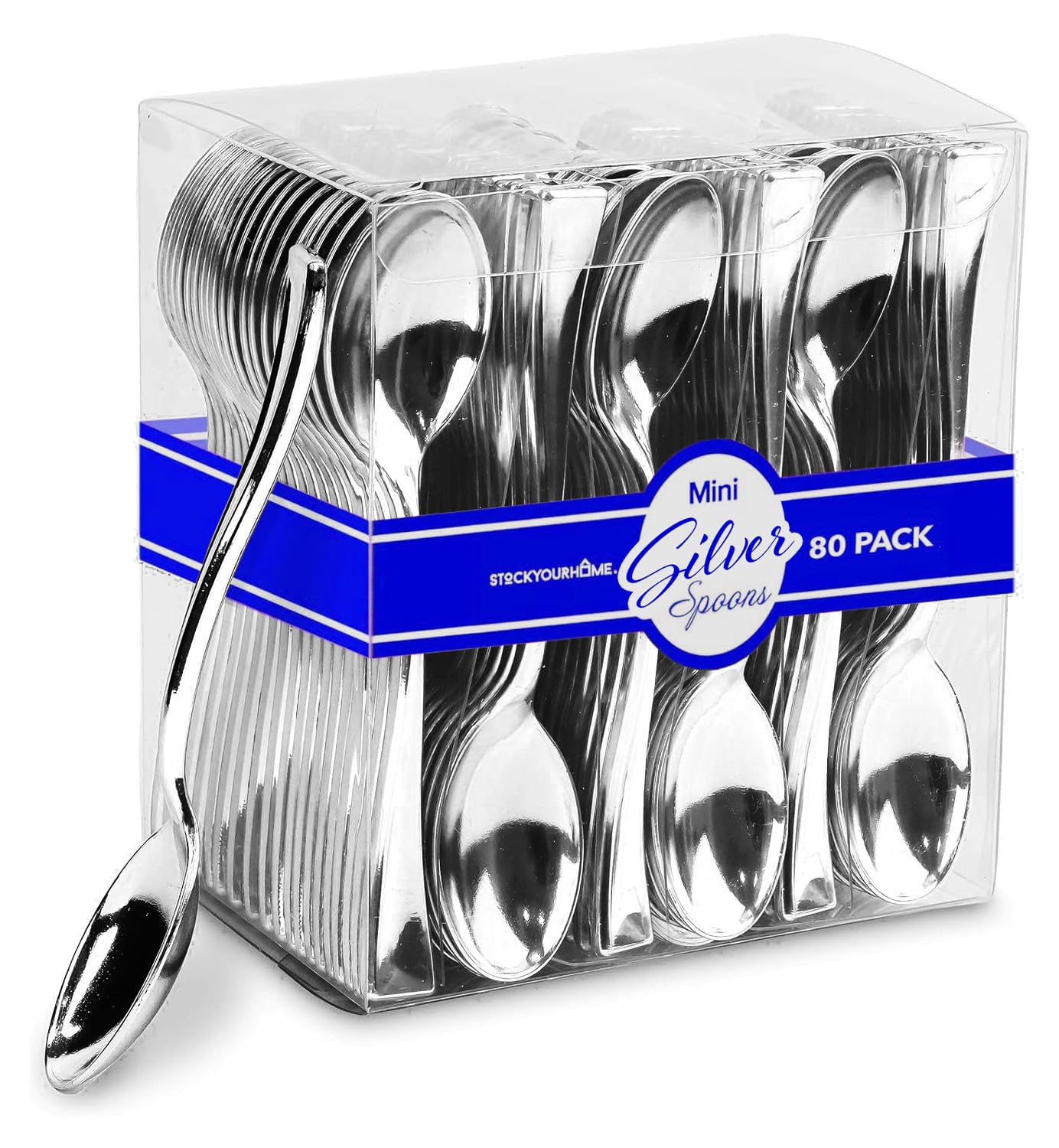 80-Pack 4 Inch Silver Mini Disposable Plastic Spoons - Elegant Appetizer & Dessert Spoons for Cocktail Parties, Wedding Receptions, Food Sampling, and Holiday Gatherings - Perfect for Catering, Buffets, and Special Events