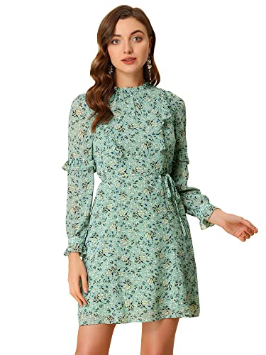 Allegra K Women's Floral Print Chiffon Dress with Mock Neck, Tie Waist & Ruffle Hem - Elegant Shift Dress for Spring/Summer, Office Wear & Special Occasions