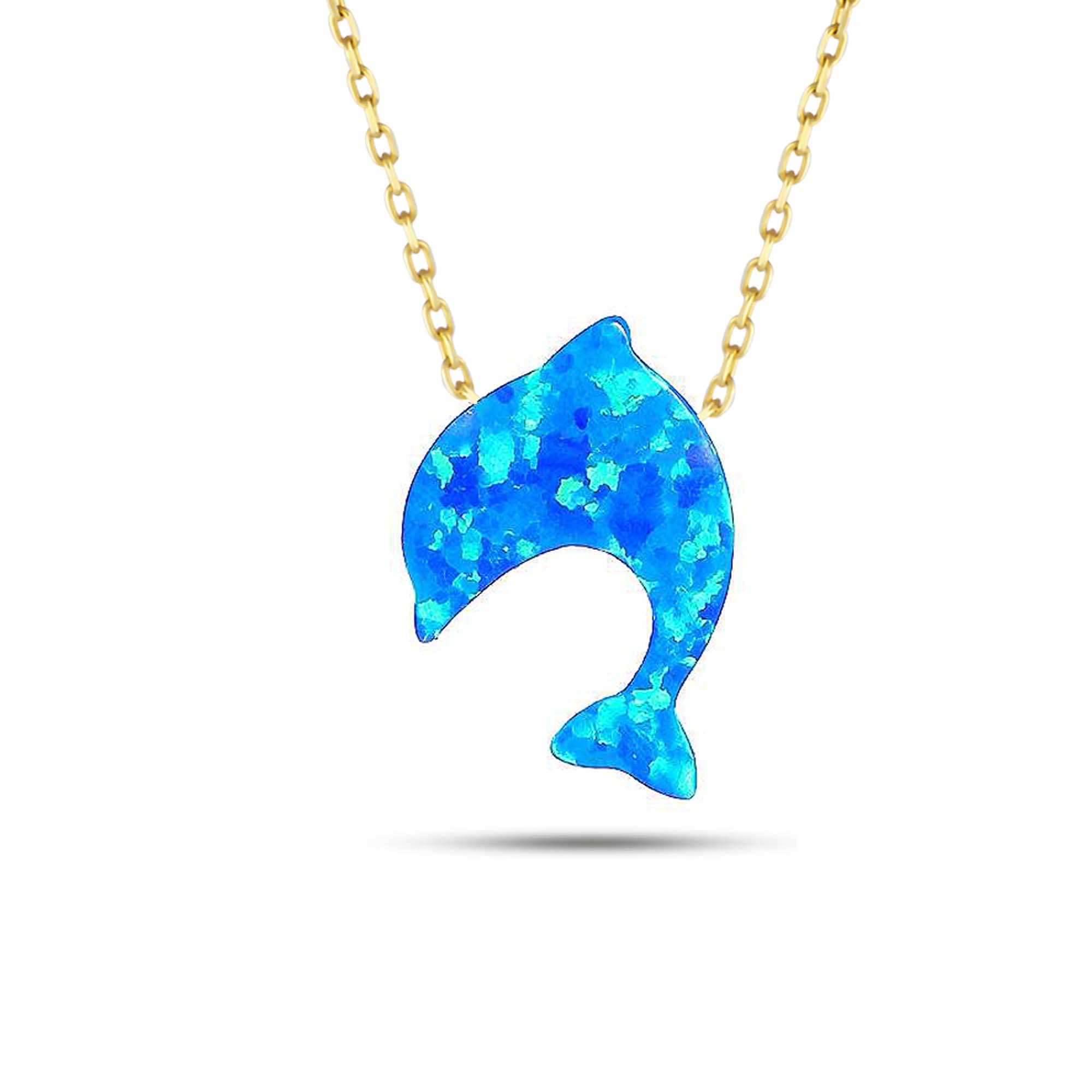 14K Solid Gold Blue Opal Animal Pendant Necklace for Women - 18