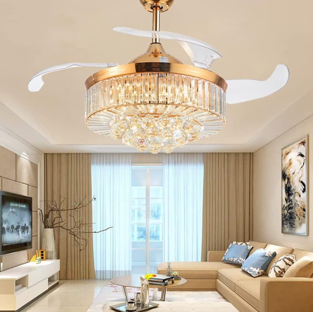 42 Inch Luxury Crystal Retractable Ceiling Fan with Remote Control - 3 Color Changing LED Light, Silent Invisible Fan Chandelier for Bedroom & Living Room (Rose Gold)