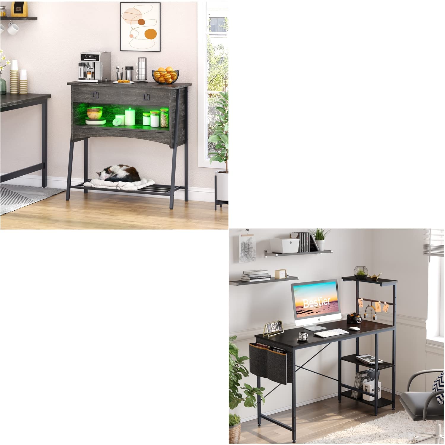 Bestier Farmhouse Entryway Table with LED Decor, Kitchen Buffet Cabinet & Computer Desk with Shelves, Storage & LED Lighting - Perfect for Home Office, Living Room & Dining Room Organization