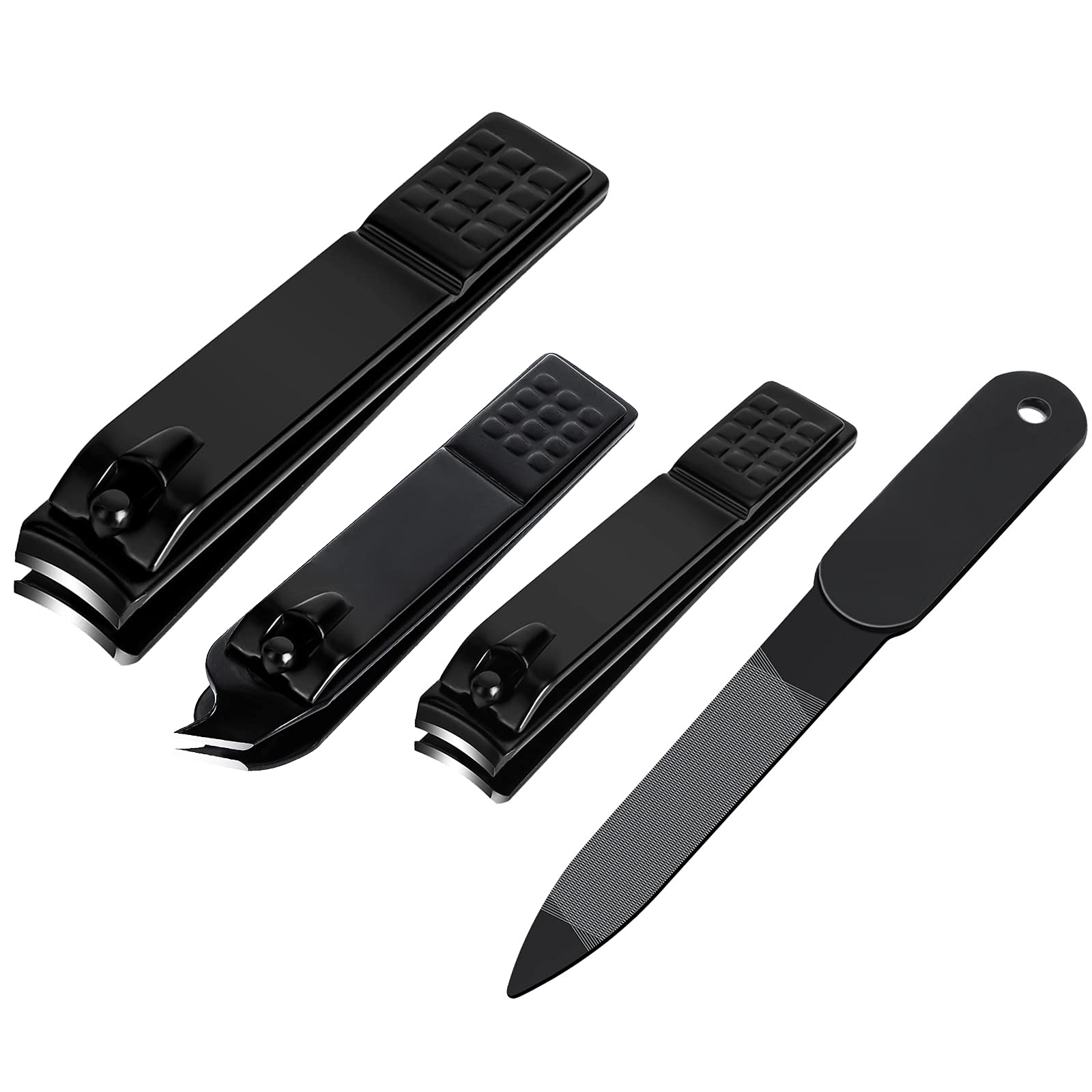 Premium Stainless Steel Nail Clippers Set - Sharp Fingernail & Toenail Clippers for Thick & Ingrown Nails - 4-Piece Black Nail Cutter Kit with Nail File for Men, Women & Kids - Perfect for Home, Travel & Salon Use