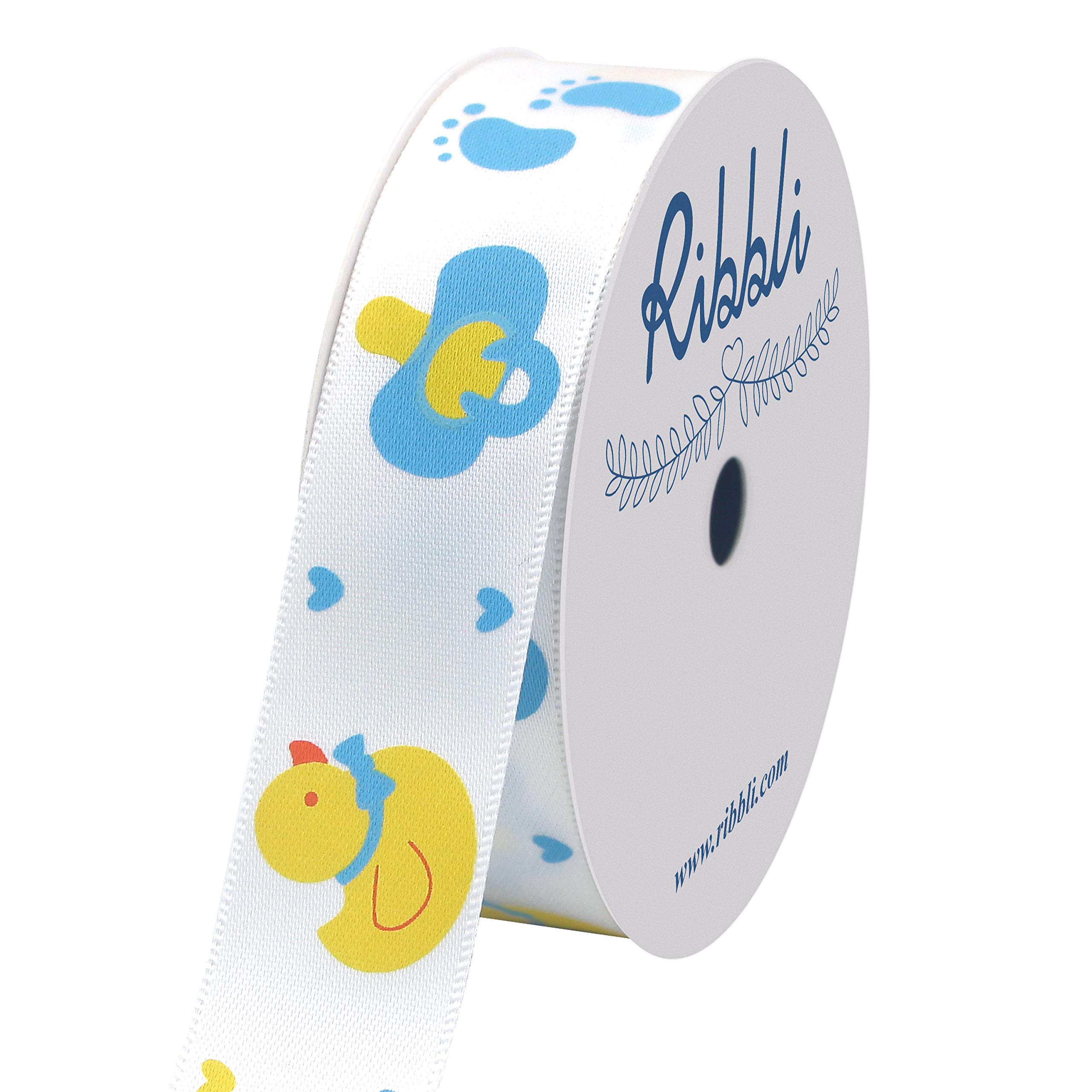 Ribbli Satin Blue Rubber Ducky Craft Ribbon - 7/8-Inch x 10-Yard, Blue/White/Yellow - Perfect for Hair Bows, Wreaths, Birthday Decor, Baby Showers, Diaper Cakes, Gift Wrapping & Party Decorations - Ideal for DIY Crafts, Sewing Projects & Handmade Gifts