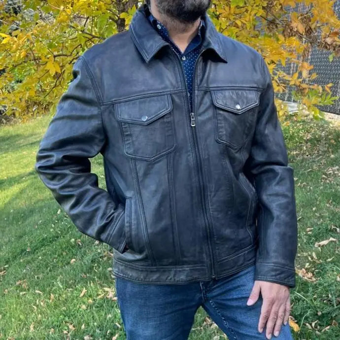 Vintage Style Distressed Denim Lamb Leather Jacket for Men & Women - Perfect for Casual Outfits, Biker Looks & Night Out