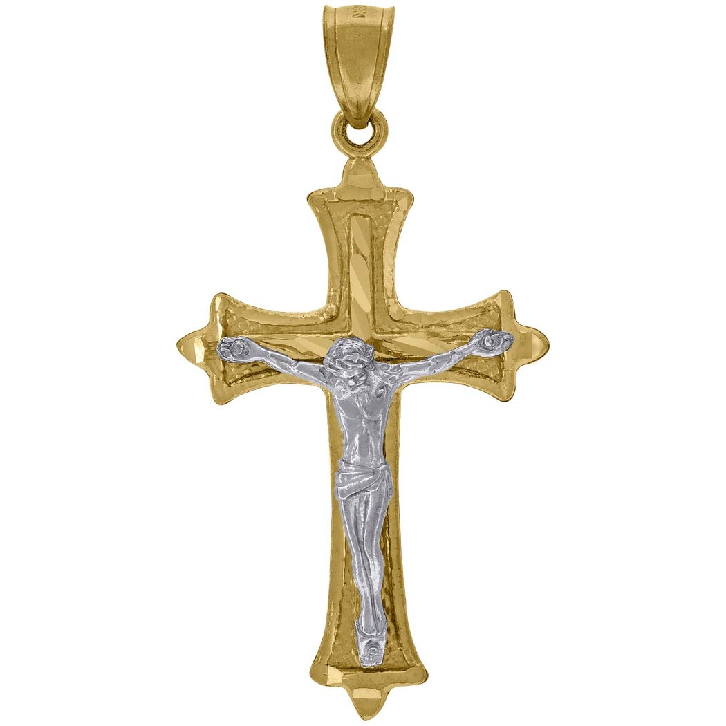 10K Two-Tone Gold Sparkle Cut Crucifix Cross Pendant Necklace for Men & Women - 47.3x24.4mm Religious Jewelry Gift - Perfect for Church, Baptism & Everyday Faith Wear