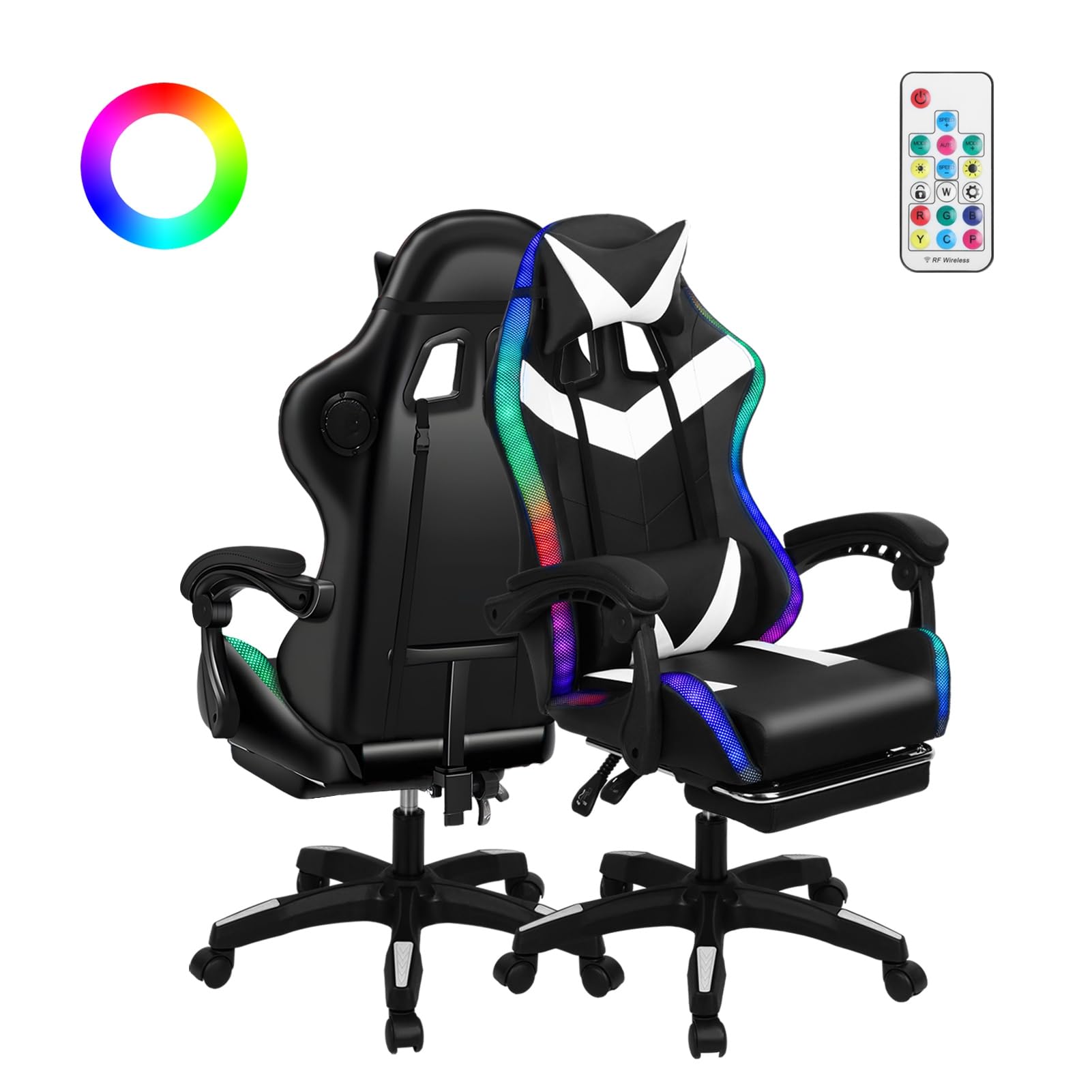 Ergonomic Gaming Chair with Footrest, Bluetooth Speakers & RGB Lights - Office Massage Chair with Pocket Spring Cushion for Adults (350lbs Capacity) - Perfect for PC Gaming, Home Office & Streaming (White & Black)