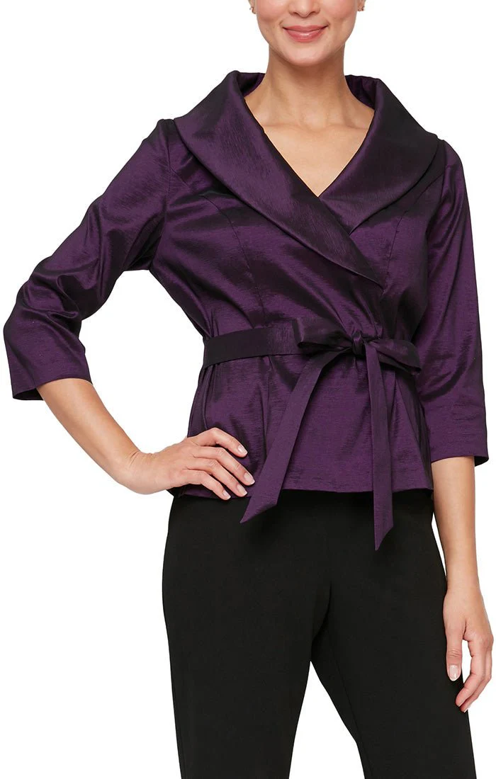 Alex Evenings Women's 3/4 Sleeve Stretch Taffeta Blouse with Tie Waist Detail - Elegant Formal Wear for Dinner Parties, Weddings & Special Occasions (Style 8366625)