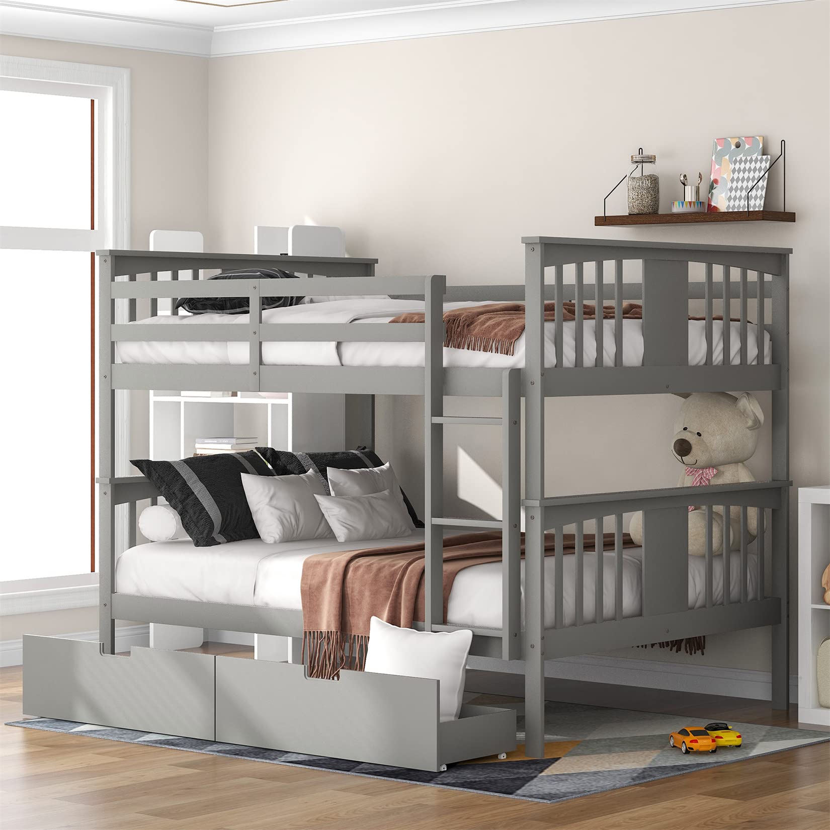 Full Over Full Bunk Beds with 2 Drawers for Kids Teens Adults - Detachable Wooden Bunk Bed Frame for Boys Girls Women Men in Gray - Perfect for Small Spaces, Guest Rooms & Shared Kids Bedrooms