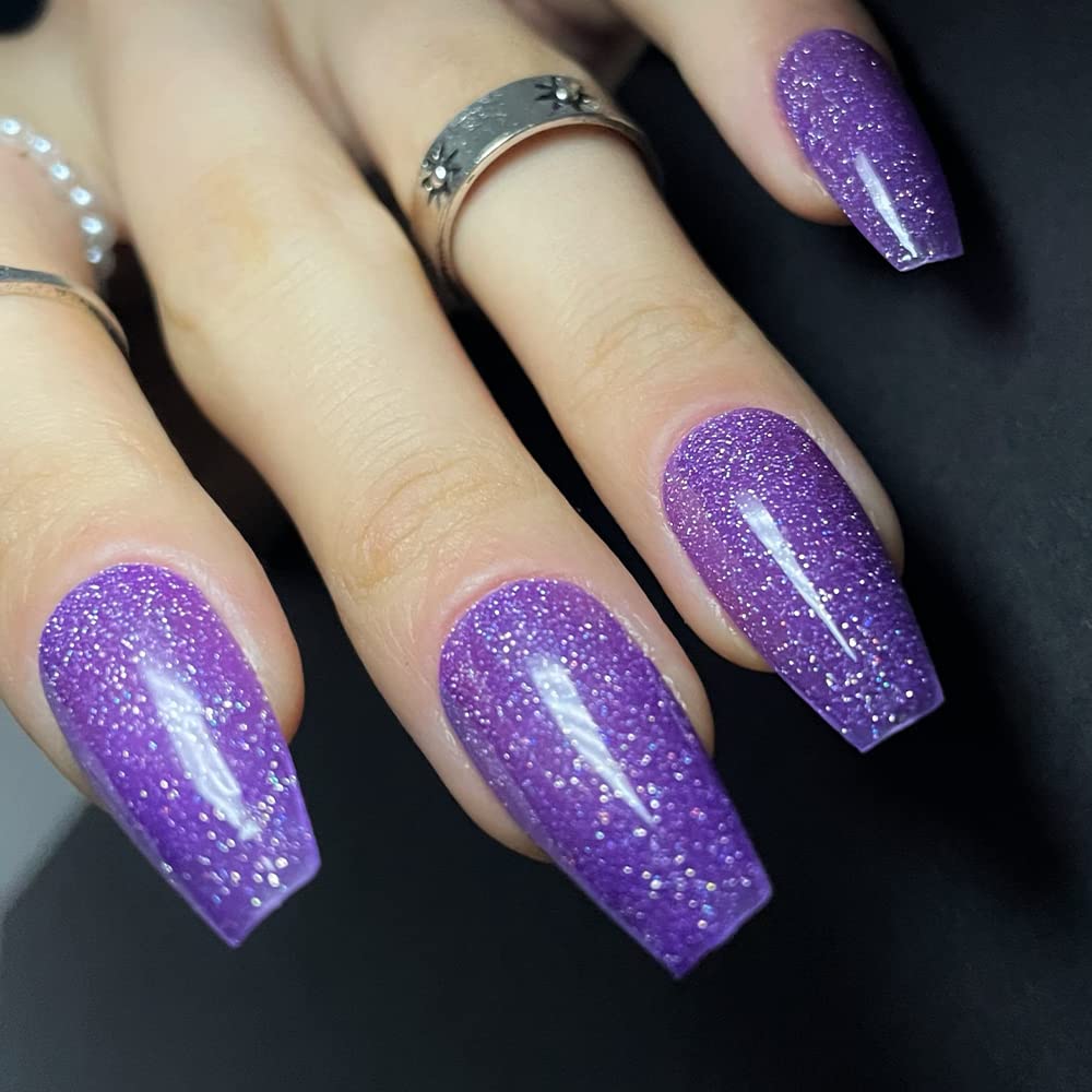 Redykat 24PCS Glossy Coffin Press On Nails - Salon Quality Acrylic Fake Nails with Thermochromic Purple Color | Extra Long False Nails for Home Manicure, Parties, Weddings & Special Occasions