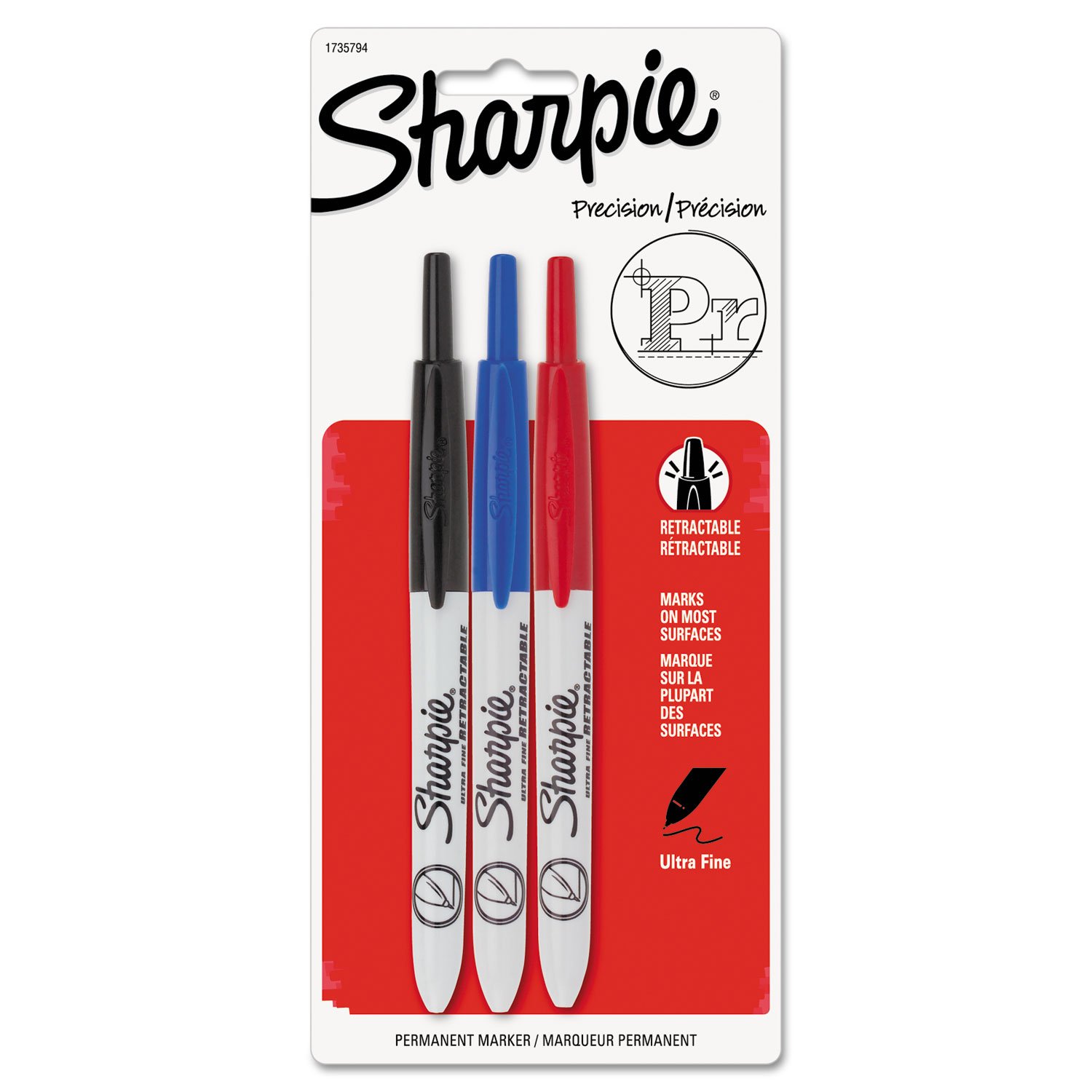 SHARPIE 1735794 Retractable Permanent Markers Ultra Fine Tip - Black, Blue, Red (3-Pack) for Office, School, Art Projects & Labeling