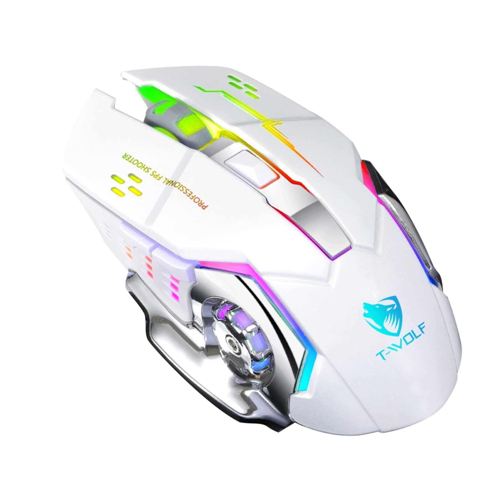 2400 DPI Wireless Gaming Mouse - Rechargeable USB Ergonomic Mouse with 6 Programmable Buttons & RGB Lighting for PC & Laptop (White) - Perfect for FPS, MOBA & MMO Gaming Sessions
