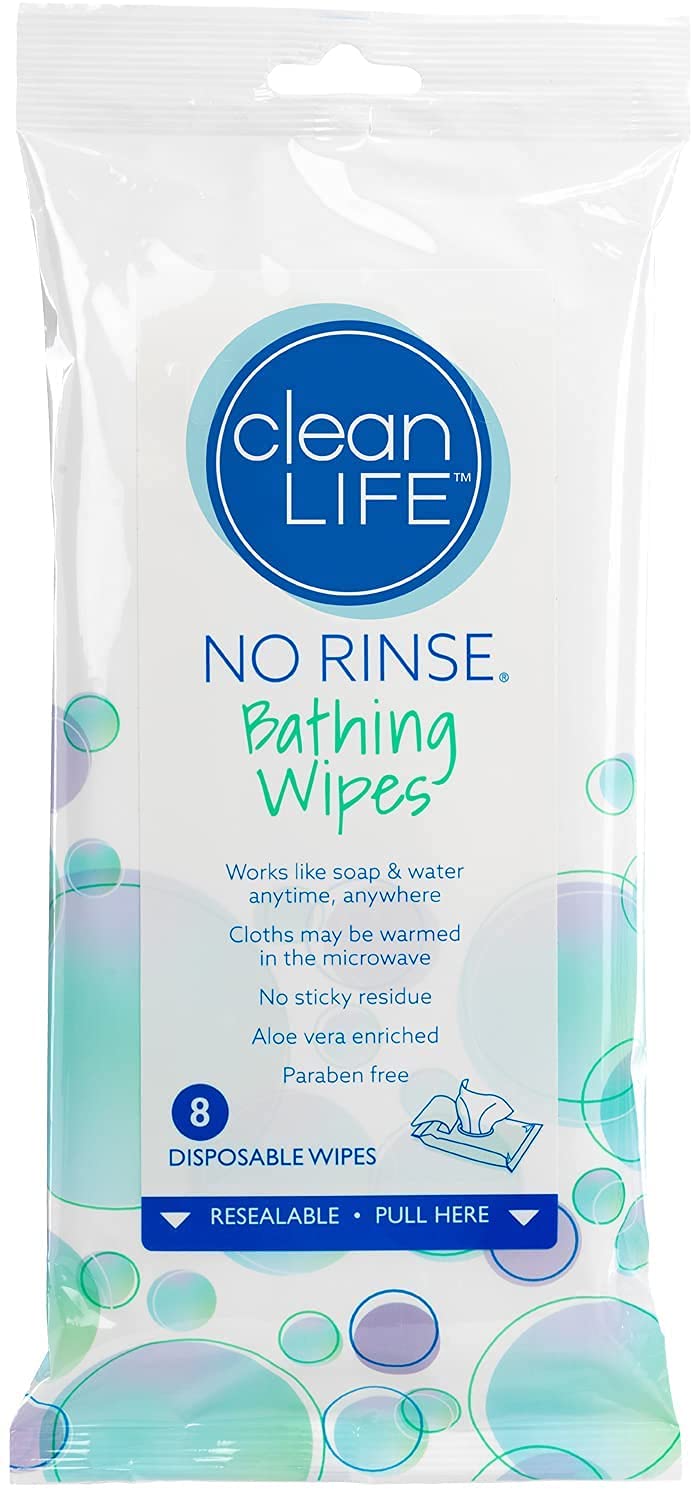 Cleanlife Products No-Rinse Bathing Wipes - 8 Pack of Premoistened, Aloe Vera Enriched Wipes for Gentle Cleansing & Deodorizing | Hypoallergenic, Latex-Free & Microwaveable | Ideal for Elderly Care, Post-Surgery, Travel & Bedridden Patients
