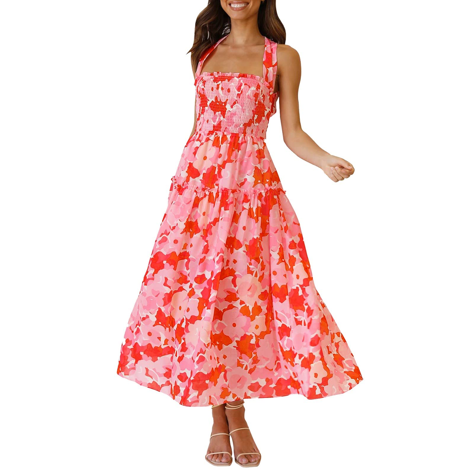 Tropical Floral Print Women's Summer Dress - Open Back Sleeveless Midi Dress for Beach, Vacation & Outdoor Parties | Lightweight & Comfortable Summer Fashion