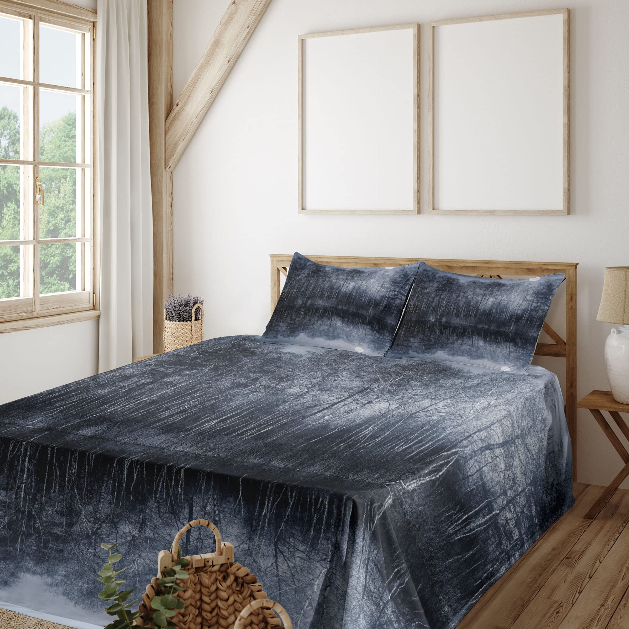 Ambesonne Nature 4-Piece King Sheet Set - Winter Forest Lake Landscape with Moon Print, Purple Blue & Black - Fitted & Flat Sheets with Pillowcases - Cozy Bedroom Decor for Cabin, Lodge & Nature-Themed Rooms