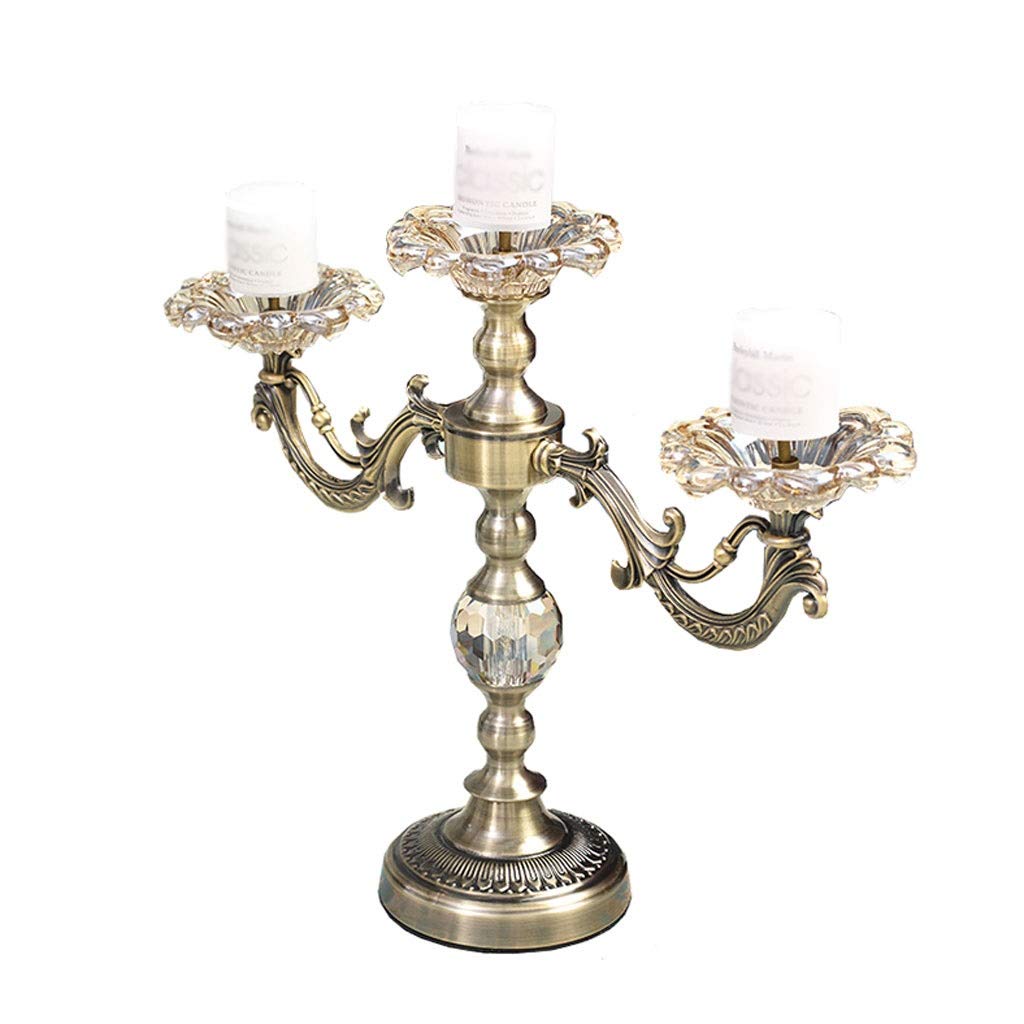 European Style 3-Arm Alloy Candlestick Holder - Carved Crystal Candelabra for Wedding, Home Decor & Romantic Dinner | Bronze Finish | Elegant Table Centerpiece & Gift Idea