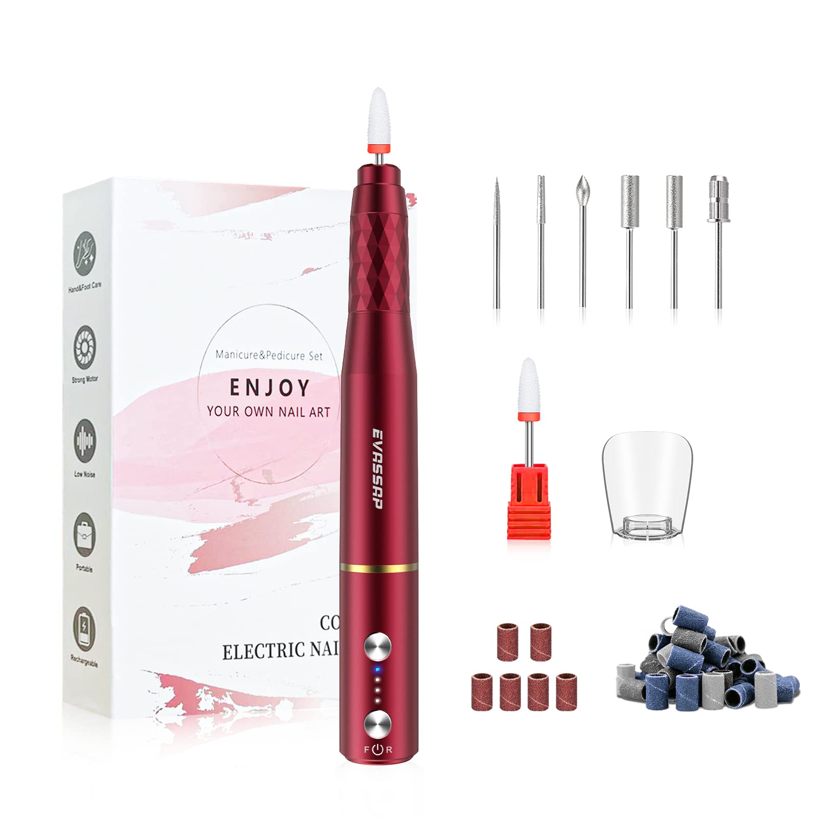Rechargeable Cordless Electric Nail Drill Set - Professional Manicure Pedicure Kit for Acrylic, Gel & Natural Nails - Portable Nail File Machine with 6 Bits & LED Light (Red) | Perfect for Home Salon, Nail Art & DIY Nail Care