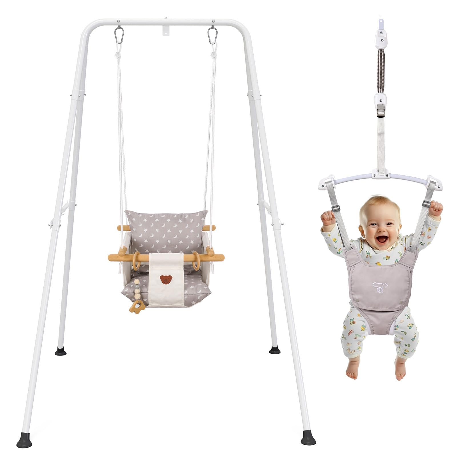 2 in 1 Baby Jumper & Swing - Foldable Indoor/Outdoor Toddler Bouncer with Stable Stand | Safe for Playtime, Backyard Fun & Nursery Entertainment (White)
