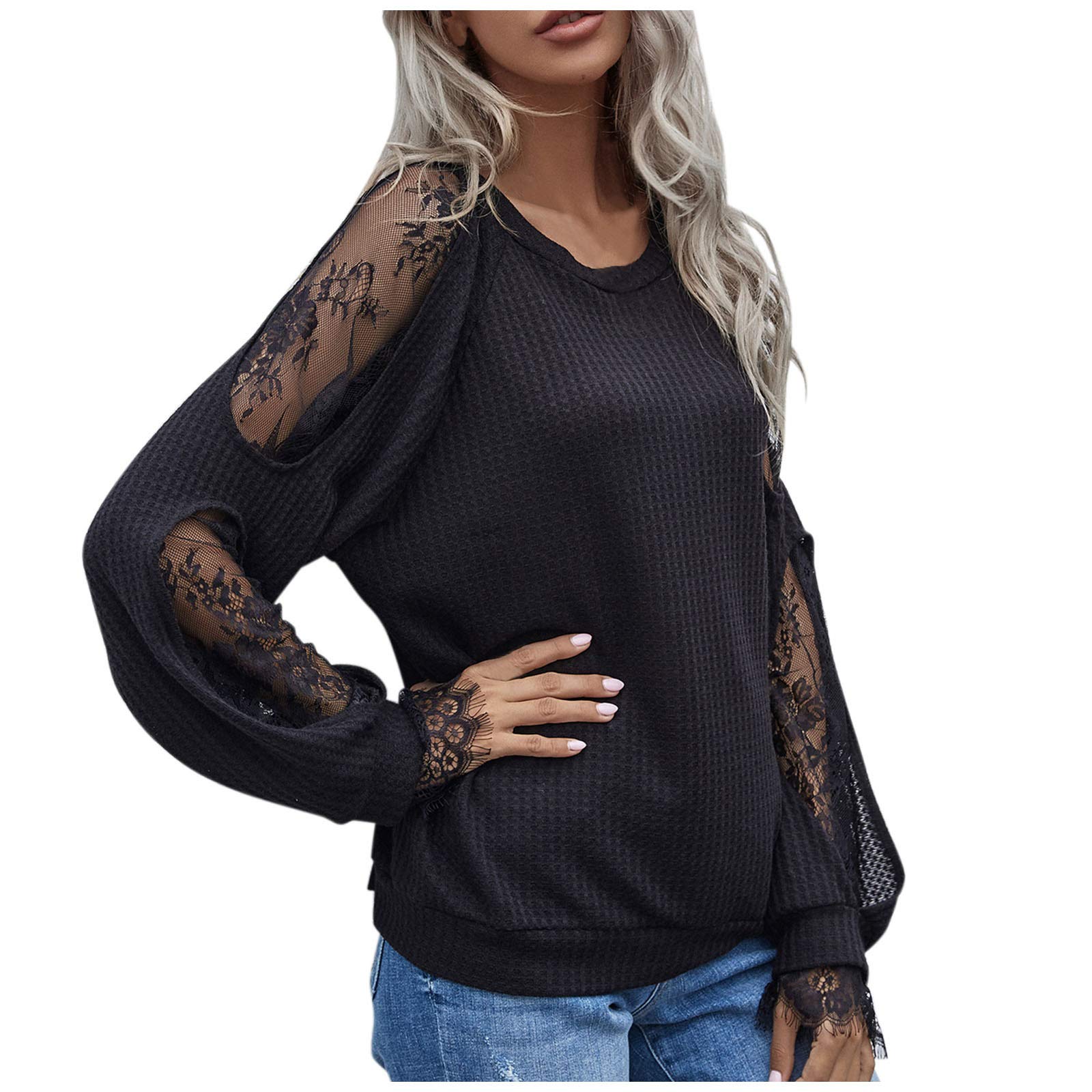 Women's Trendy Waffle Knit Lace Long Sleeve Blouse - Casual Loose Fit Crewneck Tunic Top for Fall & Winter | Perfect for Office, Date Night & Weekend Outings