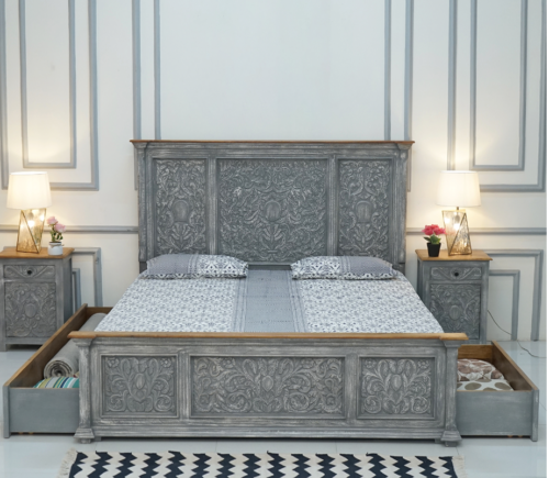 Hand Carved Indian Wooden King Size Storage Bed with Grey Whitewash Finish - Perfect for Master Bedroom, Guest Room, and Rustic Home Decor