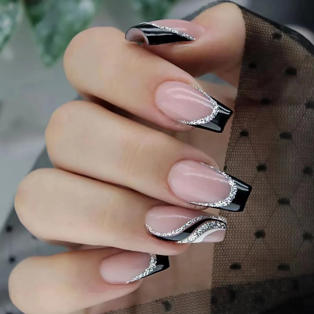 Premium 24Pcs Black French Press On Nails - Coffin Medium Length with Ballerina Tips, Glossy False Nails with Silver Sequins & Striped Designs | Full Cover Acrylic Nails for Women & Girls | Perfect for Parties, Weddings & Special Occasions