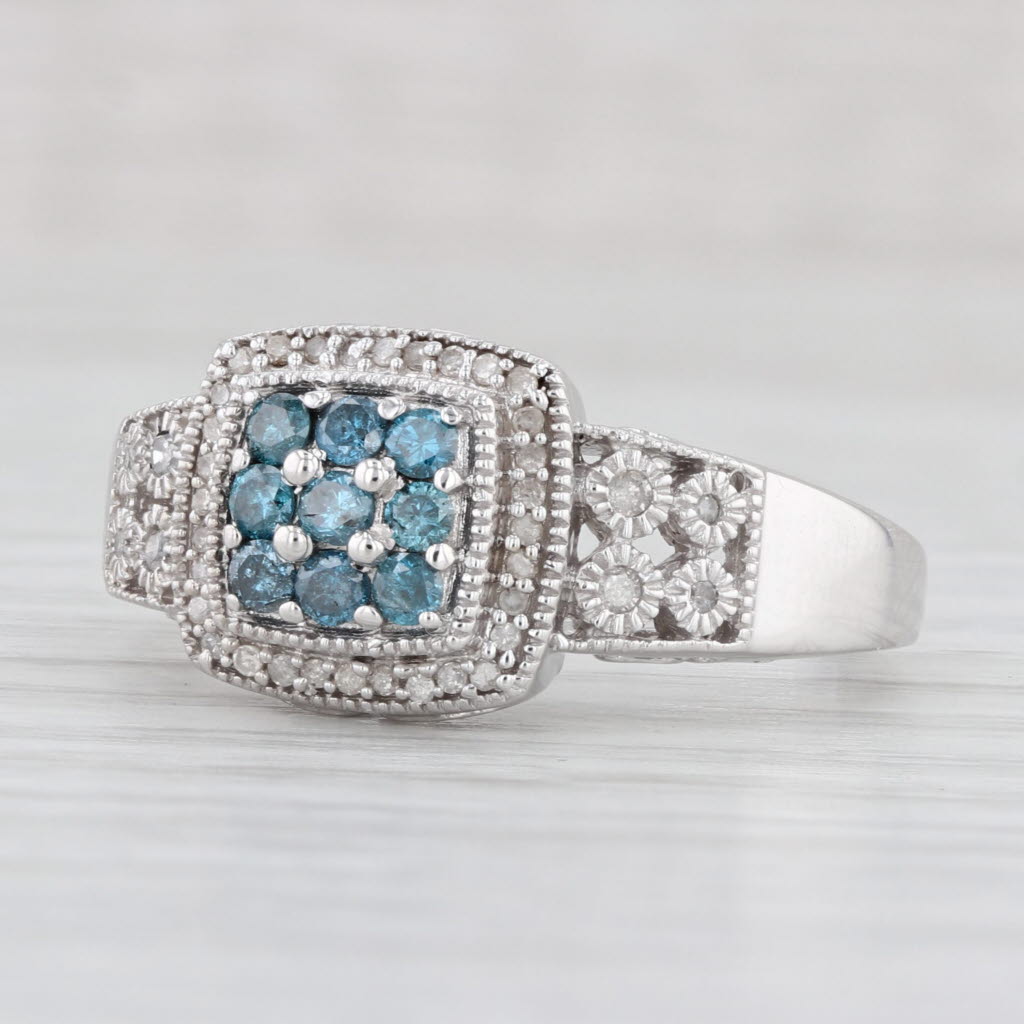 0.36ctw Blue & White Diamond Cluster Halo Ring in 10k White Gold - Size 9.25 | Elegant Engagement, Anniversary Gift for Women | Perfect for Weddings, Proposals & Special Occasions