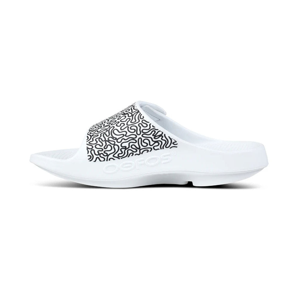 Ofoos Unisex OOahh Sport Flex Limited Slide Sandals - White Labyrinth | Comfortable Athletic Slides for Men & Women | Perfect for Gym, Pool, Beach & Casual Wear