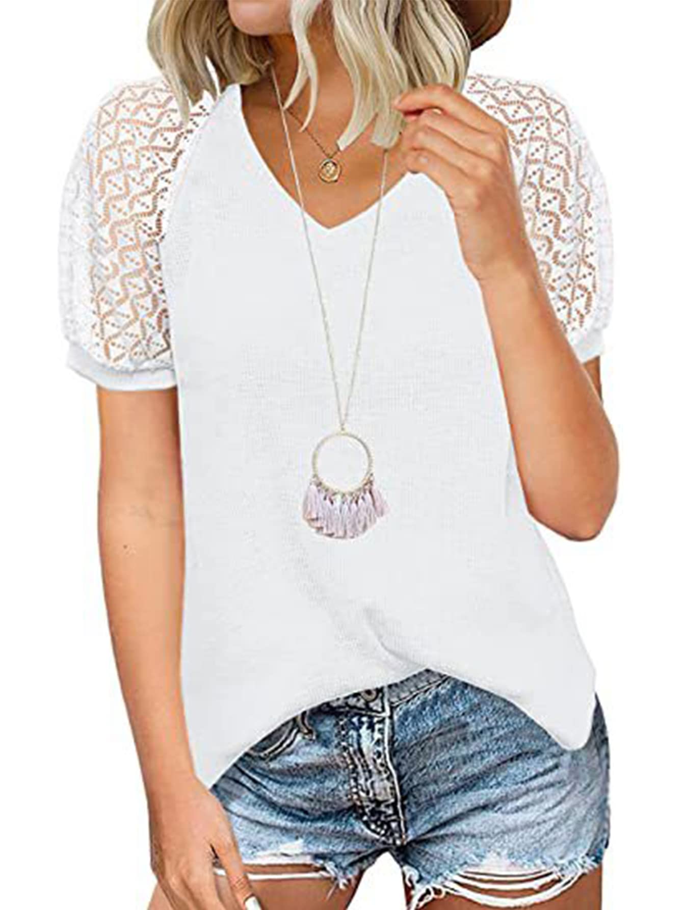 LYANER Women's Casual V-Neck Lace Short Sleeve Waffle Knit Loose T-Shirt Blouse Top - Perfect for Summer Outfits, Beach Wear & Everyday Comfort