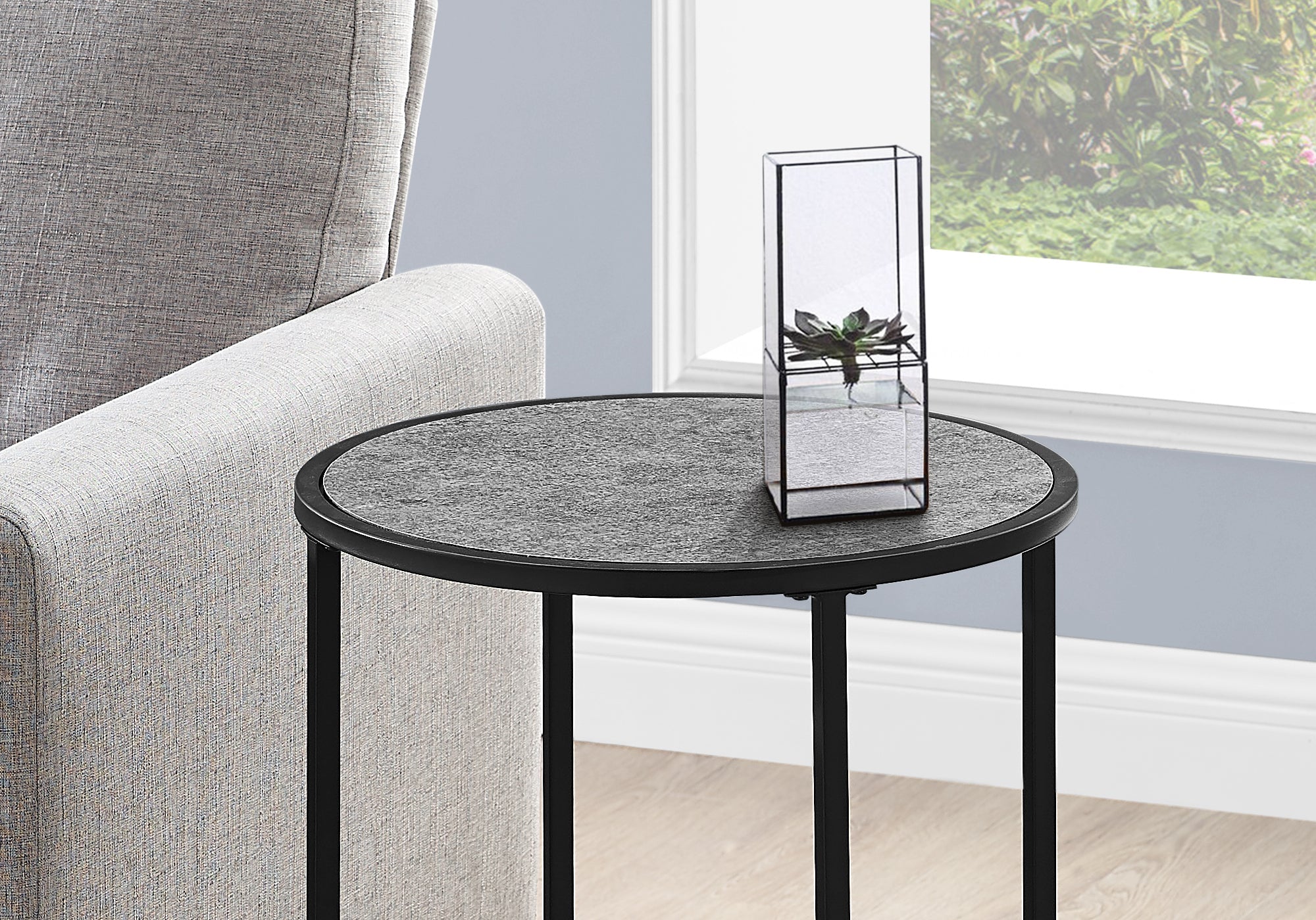 Modern Accent Table - 24 Inch Grey Stone Look with Black Metal Frame - Perfect for Living Room, Bedroom, or Office Decor