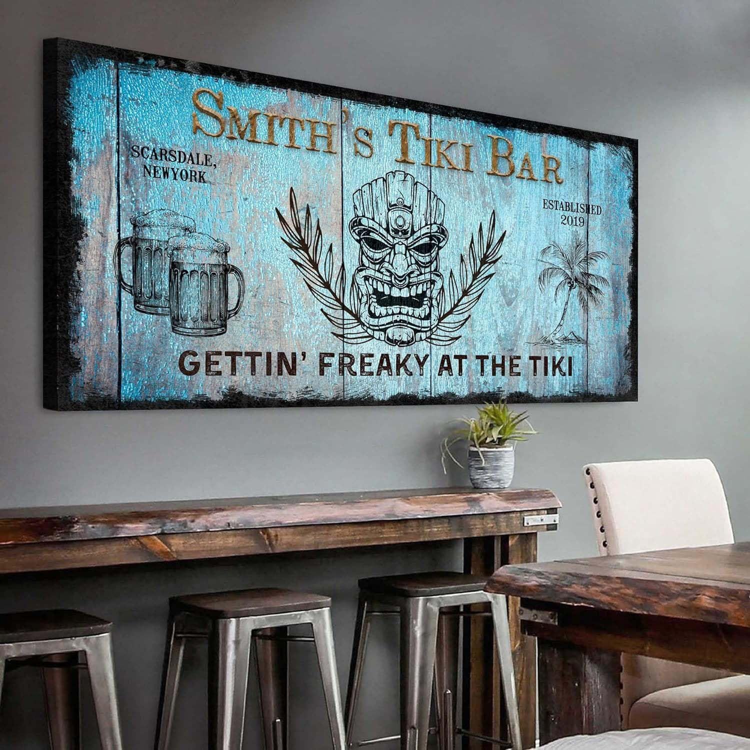 Custom Tiki Bar Sign - Personalized Canvas Wall Art for Man Cave, Outdoor, Kitchen, Pub & Restaurant Decor - 48x16in Wooden Framed Beach Bar Sign - Perfect for Tropical Parties, Home Bars & Themed Dining Rooms