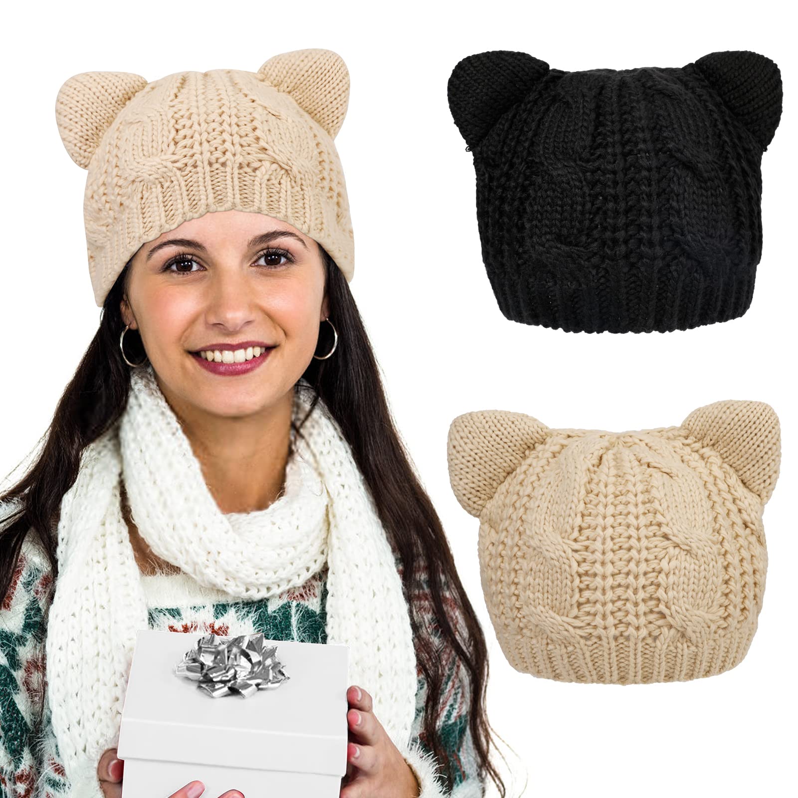 PHOGARY Cat Ear Beanie Hats for Women & Girls - Warm Winter Knit Cable Crochet Cap with Cute Cat Ears | Perfect for Cold Weather, Outdoor Activities & Fashion Accessories