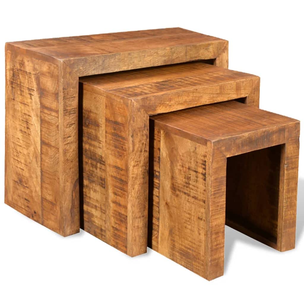 Antique Nesting Coffee Tables Set of 3 - Solid Mango Wood for Living Room & Office Decor