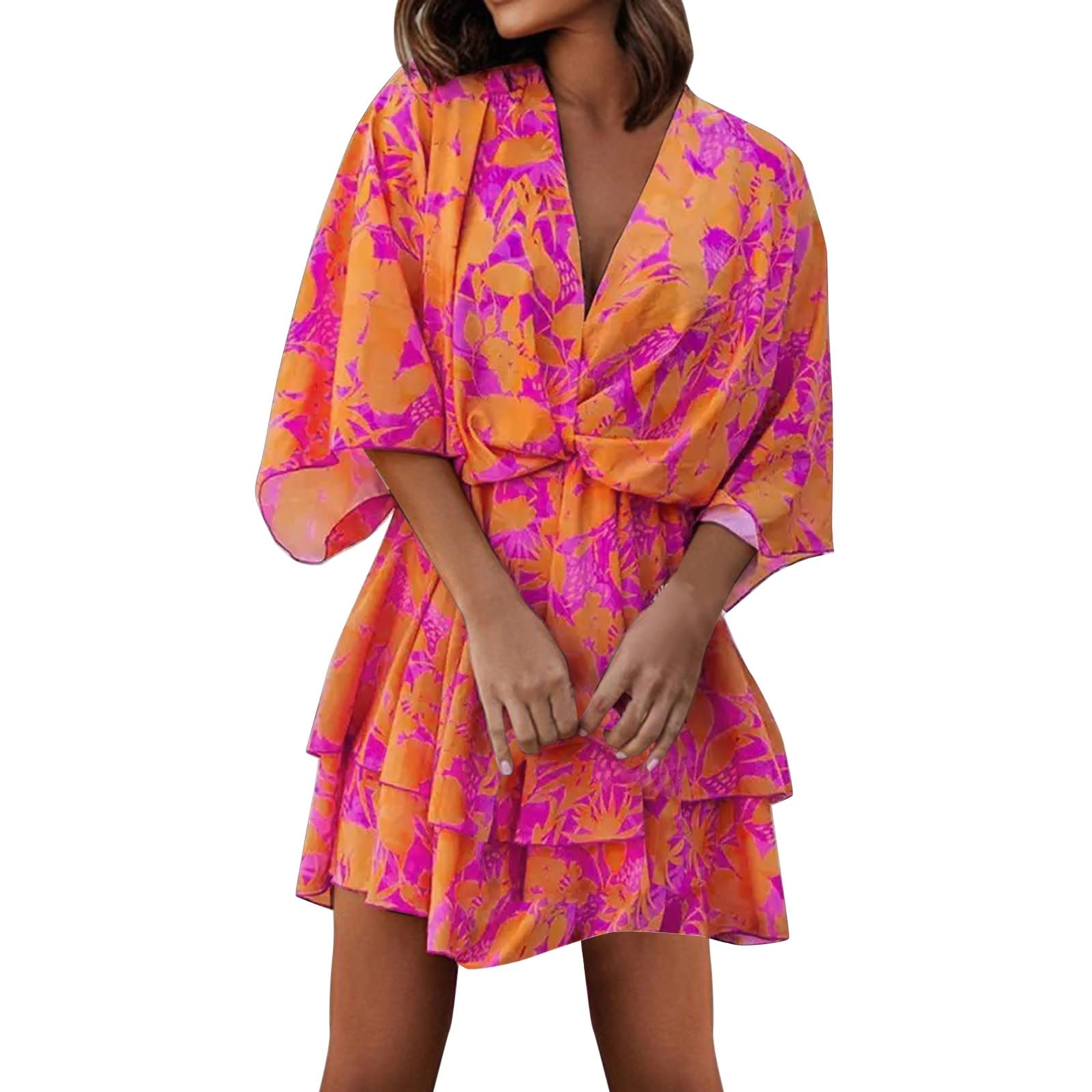 Women's Elegant Casual Short Dress - Knot Short Sleeve Tiered Ruffle Swing Dress with Colorful Print | Perfect for Summer Outings, Beach Vacations & Date Nights