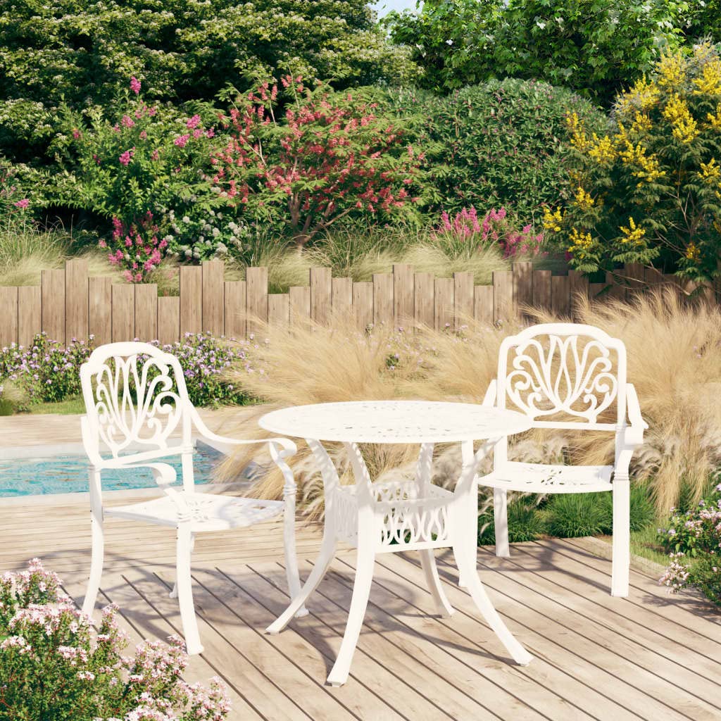 White 3-Piece Cast Aluminum Bistro Set - Patio Chairs & Outdoor Dining Furniture for Backyard, Garden, or Balcony - Perfect for Relaxing, Entertaining, and Al Fresco Meals