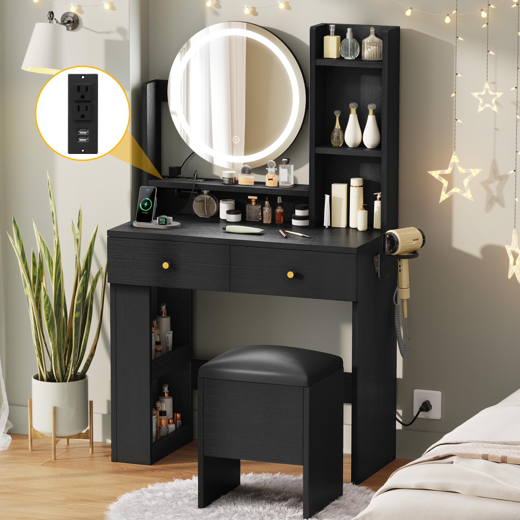 DWVO Vanity Desk with Mirror and LED Lights - Makeup Dressing Table Set with Power Outlets, Adjustable 3-Color Lighting, 3 Drawers & Storage Shelves - Includes Stool - Perfect for Bedroom, Home Salon & Beauty Room Organization (Dark Black)