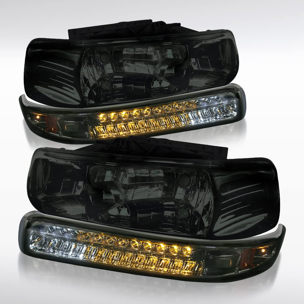 AUTOZENSATION Smoke Headlights & LED Bumper Lights Assembly - Compatible with 1999-2002 Chevy Silverado & 2000-2006 Tahoe Suburban (Left+Right Pair) - Upgrade Your Truck's Style & Night Visibility for Off-Roading & Daily Driving