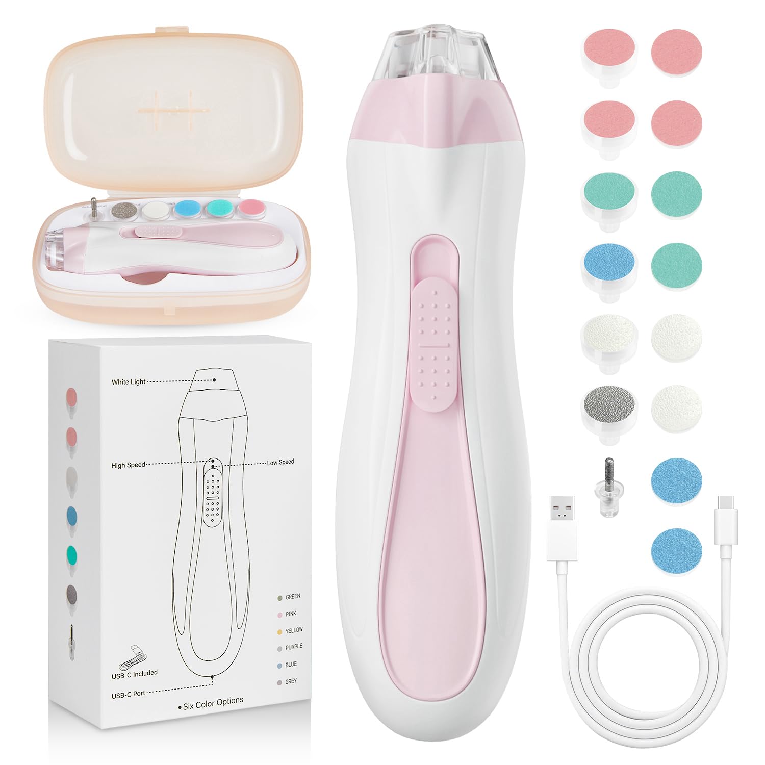 Rechargeable Electric Baby Nail File & Trimmer Kit - 15-in-1 Gentle Nail Care Set with LED Light & 15 Grinding Pads for Infants & Toddlers (Pink) | Safe & Painless Baby Nail Care for Newborns, Sleep Time & Daily Grooming