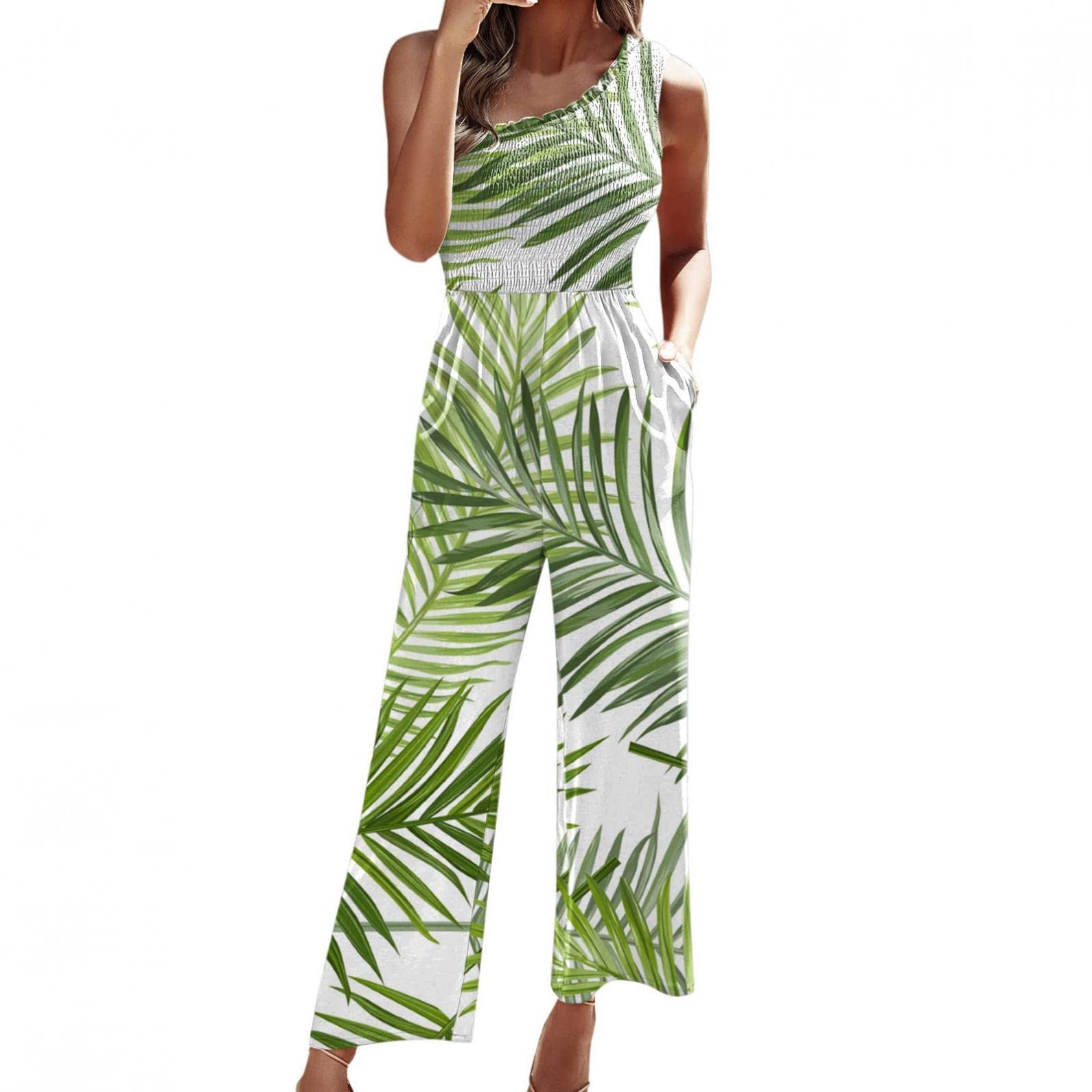 Women's One Shoulder Summer Jumpsuit with Pockets - Smocked High Waist Casual Romper for Beach, Vacation & Outdoor Activities | Loose Fit Comfortable Outfit