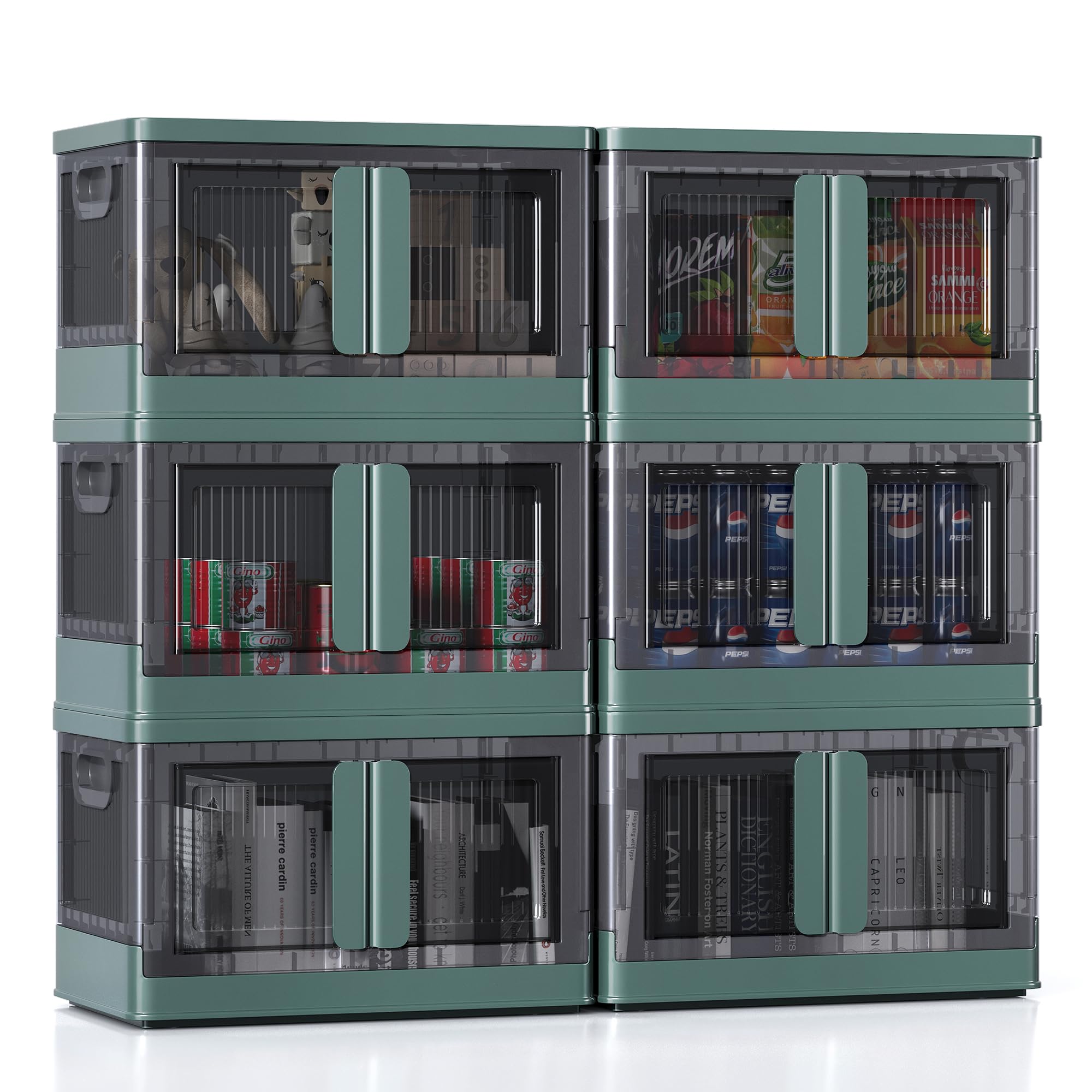 8.4 Gallon Collapsible Storage Bins with Lids (6 Pack) - Stackable Plastic Storage Cabinet with Doors & Wheels for Home Organization - Perfect for Closet, Garage, Office & Kids Room Storage Solutions