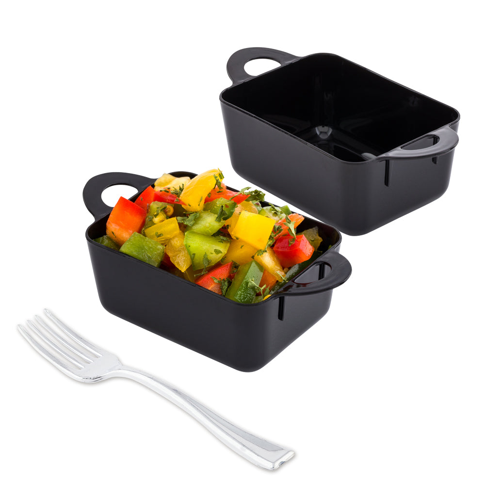 100 Pack 3 oz Rectangle Black Plastic Ramekins with 100 Silver Plastic Mini Forks - Perfect for Catering, Desserts, and Party Appetizers