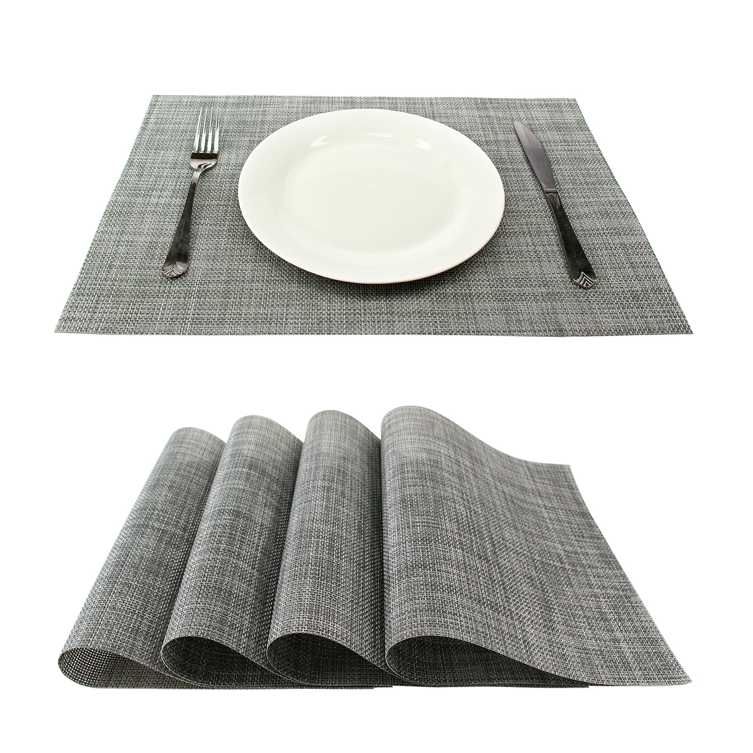 Non-Slip Heat-Resistant PVC Woven Vinyl Placemats Set of 6 - Washable & Stain-Resistant Kitchen Table Mats for Dining Room, Gray - Perfect for Everyday Meals, Dinner Parties & Holiday Gatherings