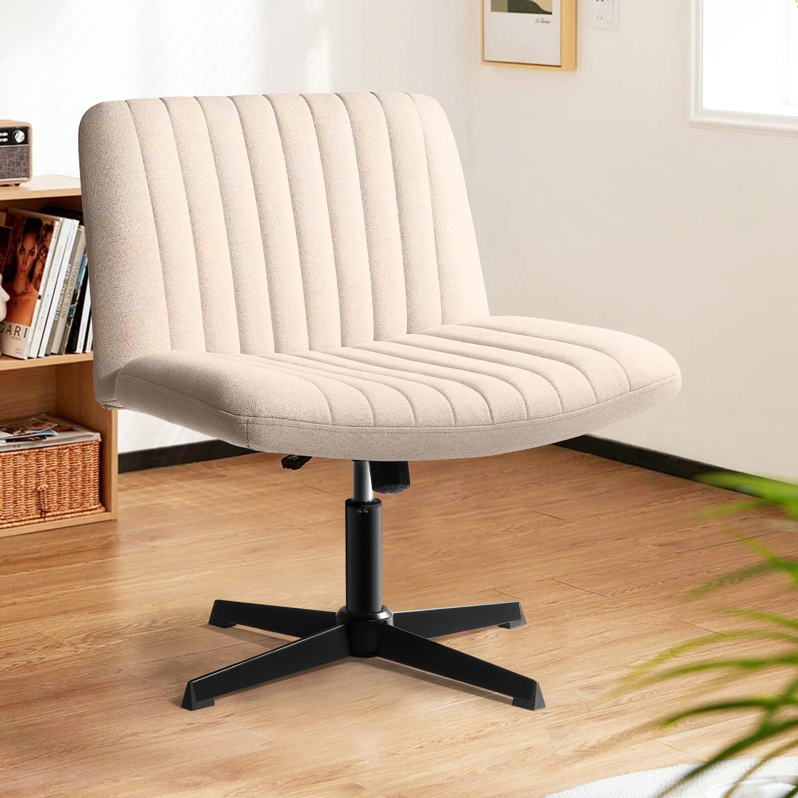 LEMBERI Fabric Padded Armless Swivel Desk Chair - No Wheels, Wide Seat, 120° Rocking Ergonomic Mid Back Office Chair for Home & Small Spaces - Perfect for Computer Work, Makeup Vanity & Bedroom Use