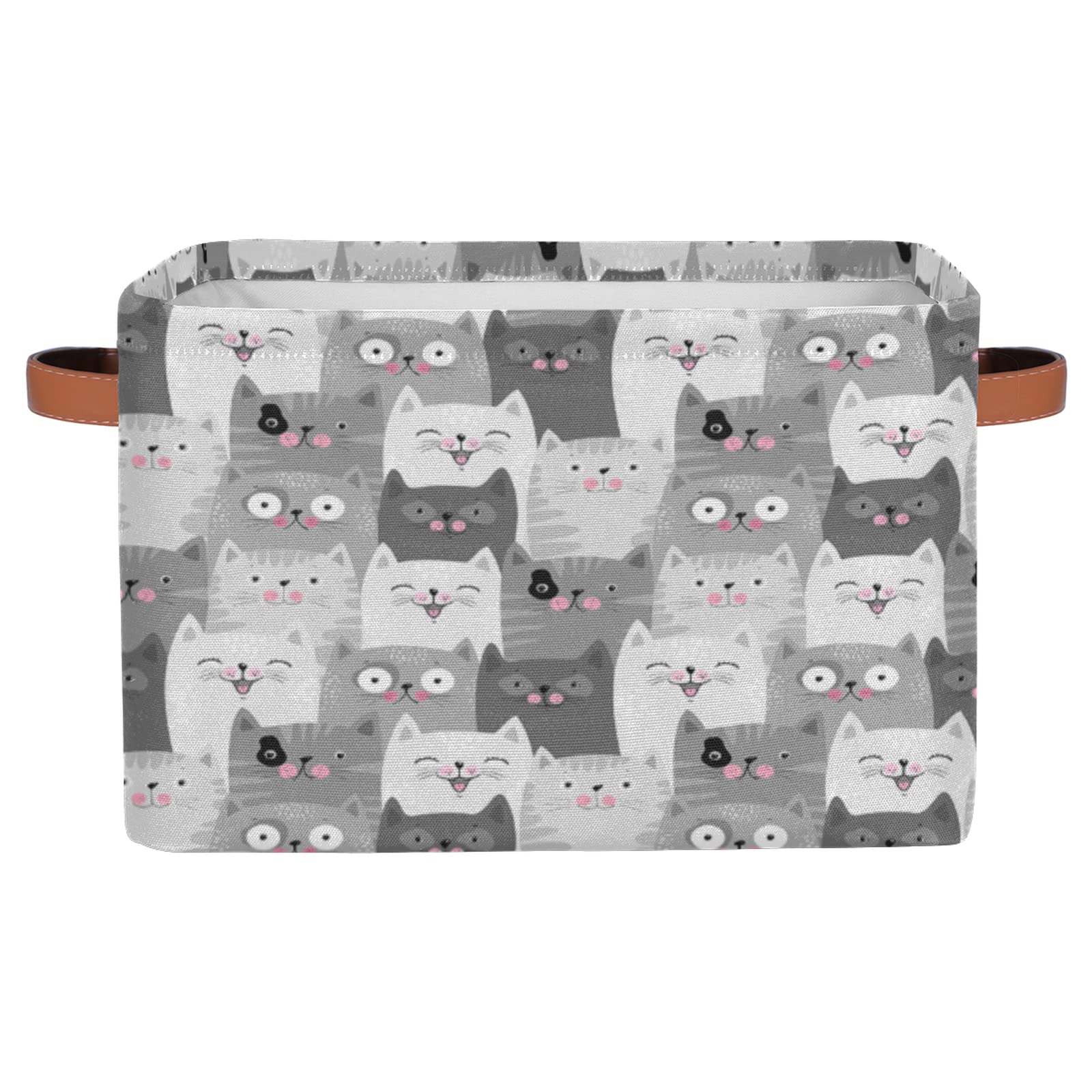 Grey Collapsible Canvas Storage Baskets with Handles - Cat Themed Fabric Storage Bin for Toys, Home, Nursery & Shelves - 1 Pack | Perfect for Organizing Kids' Rooms, Closets & Play Areas